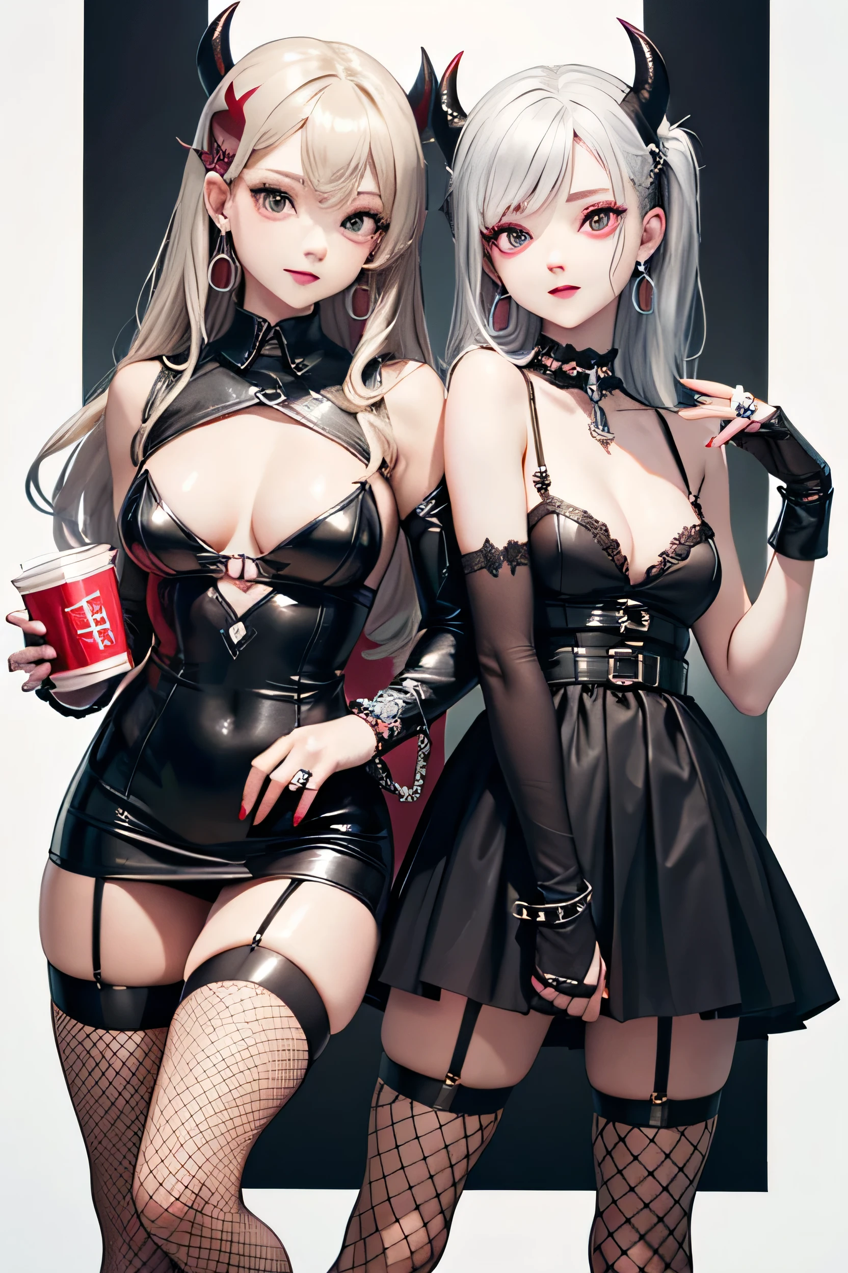 (Photorealistic:1.8, highest quality:1.8,8K masterpiece:1.8,High resolution,Mastepiece:1.8,RAW Photos,Cinematic lighting)、Luxurious Western-style building、A girl dressed as a Goth Girl、(Twin tails、Silver Hair)、Magenta slanted eyes、tooth、Thick eyebrows、Black nails、Sexy uniform showing the underside of the chest)、(((Underlim and long legs、Black Mini Dress、Bare shoulders、((Lots of earrings))、Long black fingerless gloves、Goth Girl、(Fishnet tights、Gothic print:1.25、High heels、black leather garter belt、(Multiple leather straps、Iron chains attached to a ring:1.125)、((Devil's Wings and Devil's Tail))、Random Sexy Poses、cameltoe、(Beautiful expression、Beautiful Face、Beautiful Eyes、A rich expression、smile)