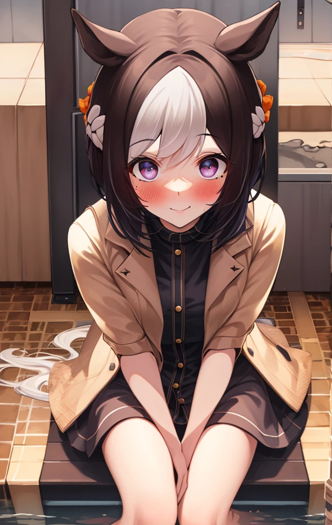 DE, OfficialOutfit, 1girl, solo, sitting, looking at viewer, smile, closed mouth, water, blush, mole,