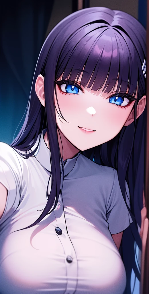 ((obra maestra)), ((mejor calidad)), (ultra detallado), ((extremadamente detallado)), 4k, (8K), mejor calidad, (Hermoso), estilo animado, mirar hacia arriba desde abajo, bar, Noche, una chica guapa, 1 chica, solo, traje, Hermoso rainbow hair, Hermoso blue eyes, ((Hermoso eyes)), De piel blanca, pendientes, cuello, sonrisa