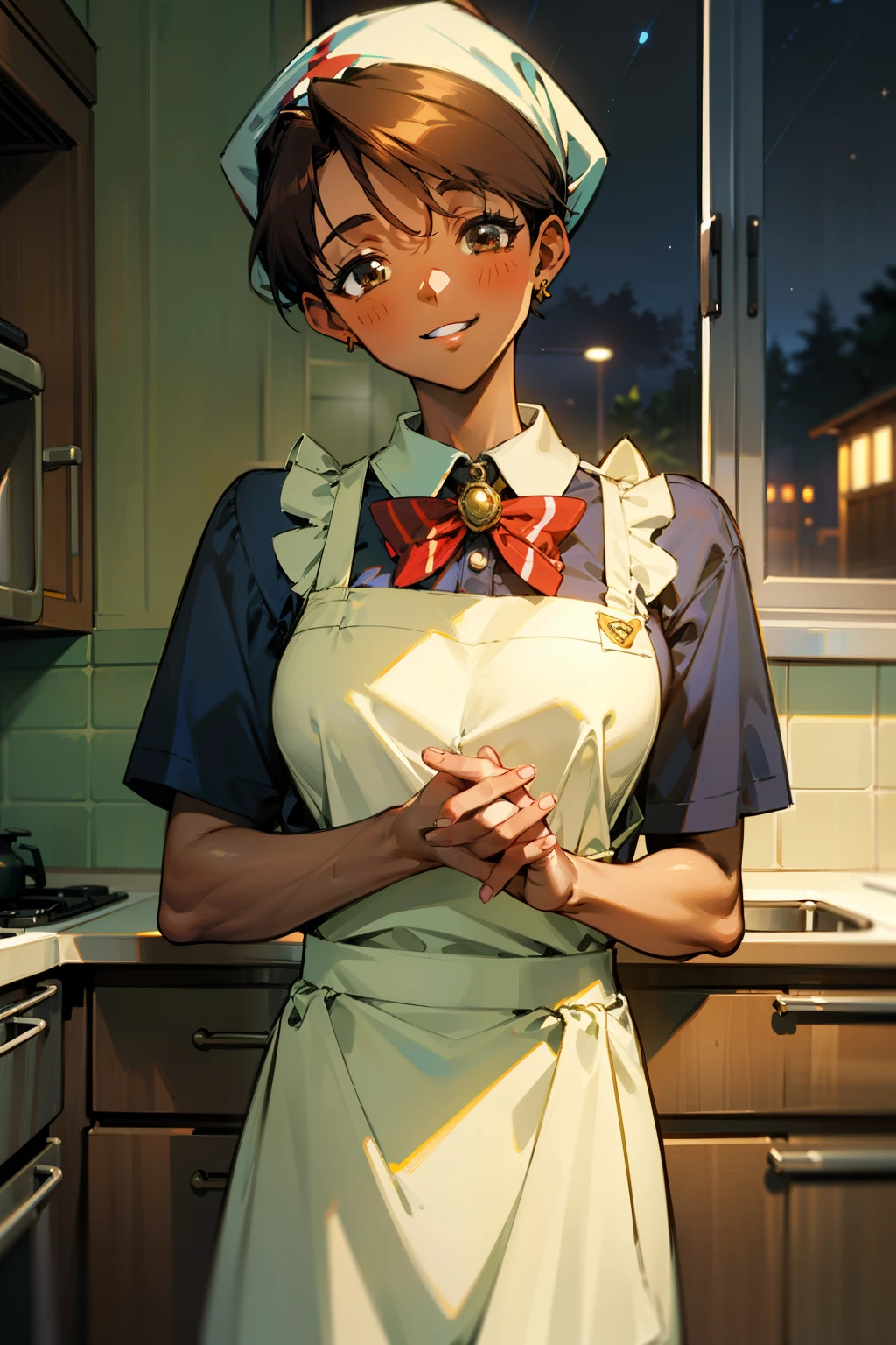 ,(Masterpiece), Best Quality, ultra-detailed, MIZUKITO, TAN, EARRINGS, head scarf, white shirts(buttons), apron, white pants , , slender and sexy body, 1girl, solo,facing viewer, looking  at viewer,head tilt, smile, parted lips,night time, school, in the kitchen , standing, 