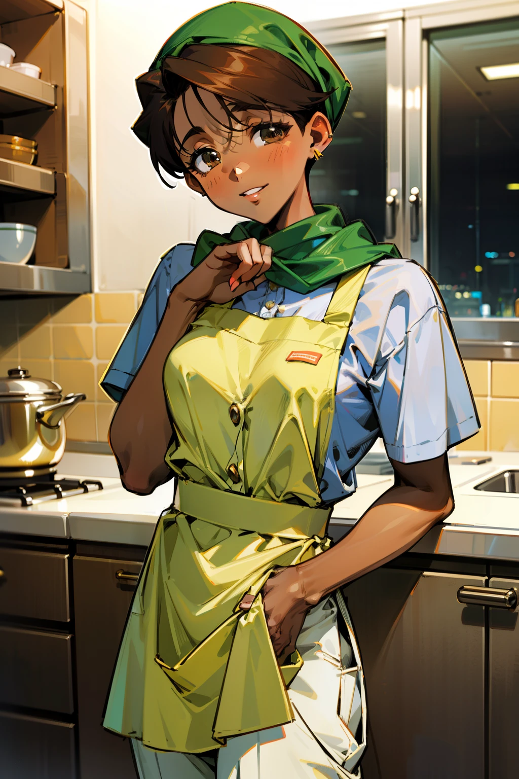 ,(Masterpiece), Best Quality, ultra-detailed, MIZUKITO, TAN, EARRINGS, head scarf, white shirts(buttons), apron, white pants , , slender and sexy body, 1girl, solo,facing viewer, looking  at viewer,head tilt, smile, parted lips,night time,kitchen , standing, 