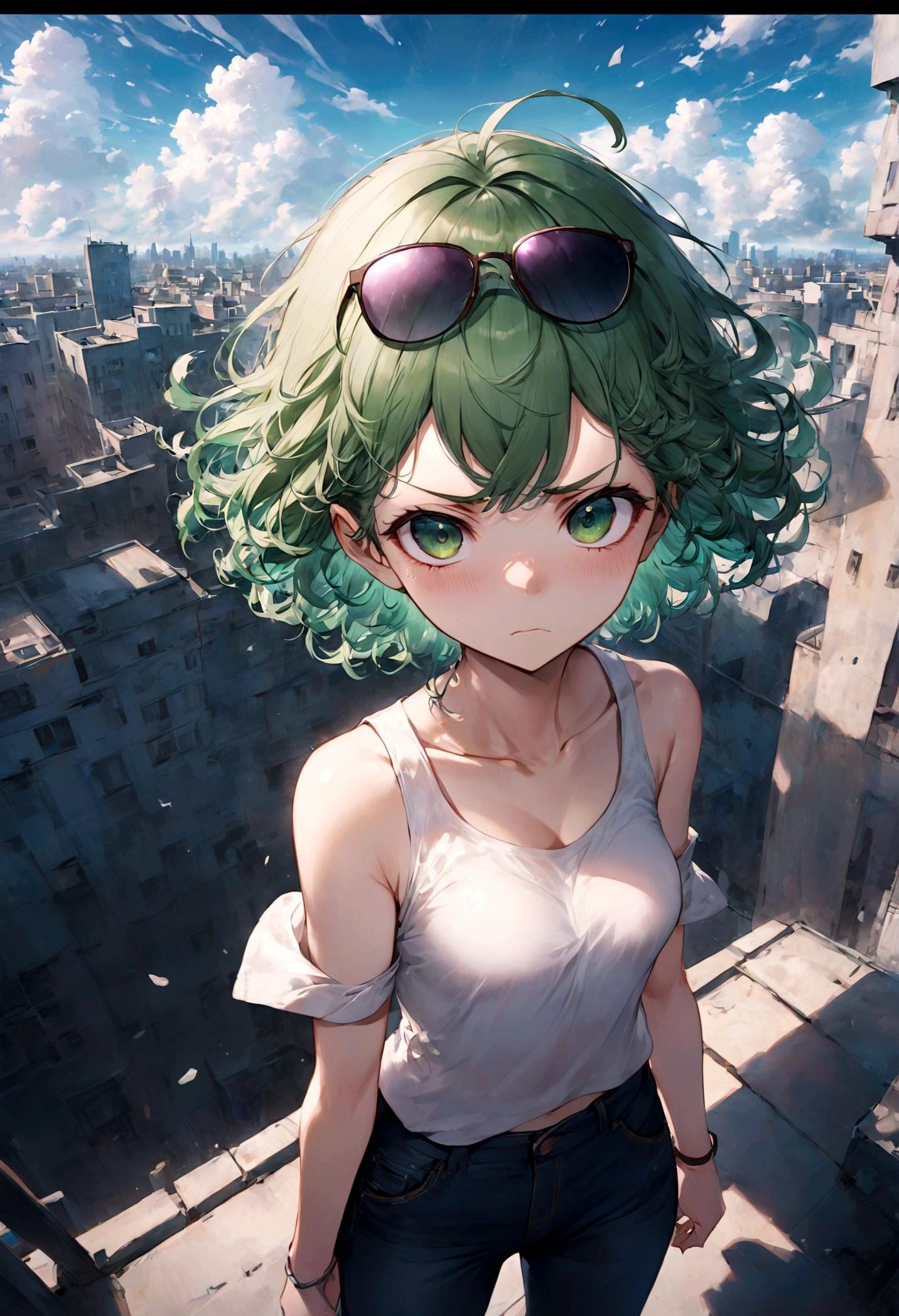 1girl, tatsumaki, green hair, green eyes, short hair, curly hair, white tank top, jeans, eyewear on head, (Disgusted face, Disgusted Look), looking at viewer, contempt, frown, upper body, city view, anime screenshot, dramatic composition, cinematic dynamic action scene, vibrant colors, cinematic lighting, dramatic lighting, best quality, masterpiece, very aesthetic, perfect composition, intricate details, ultra-detailed