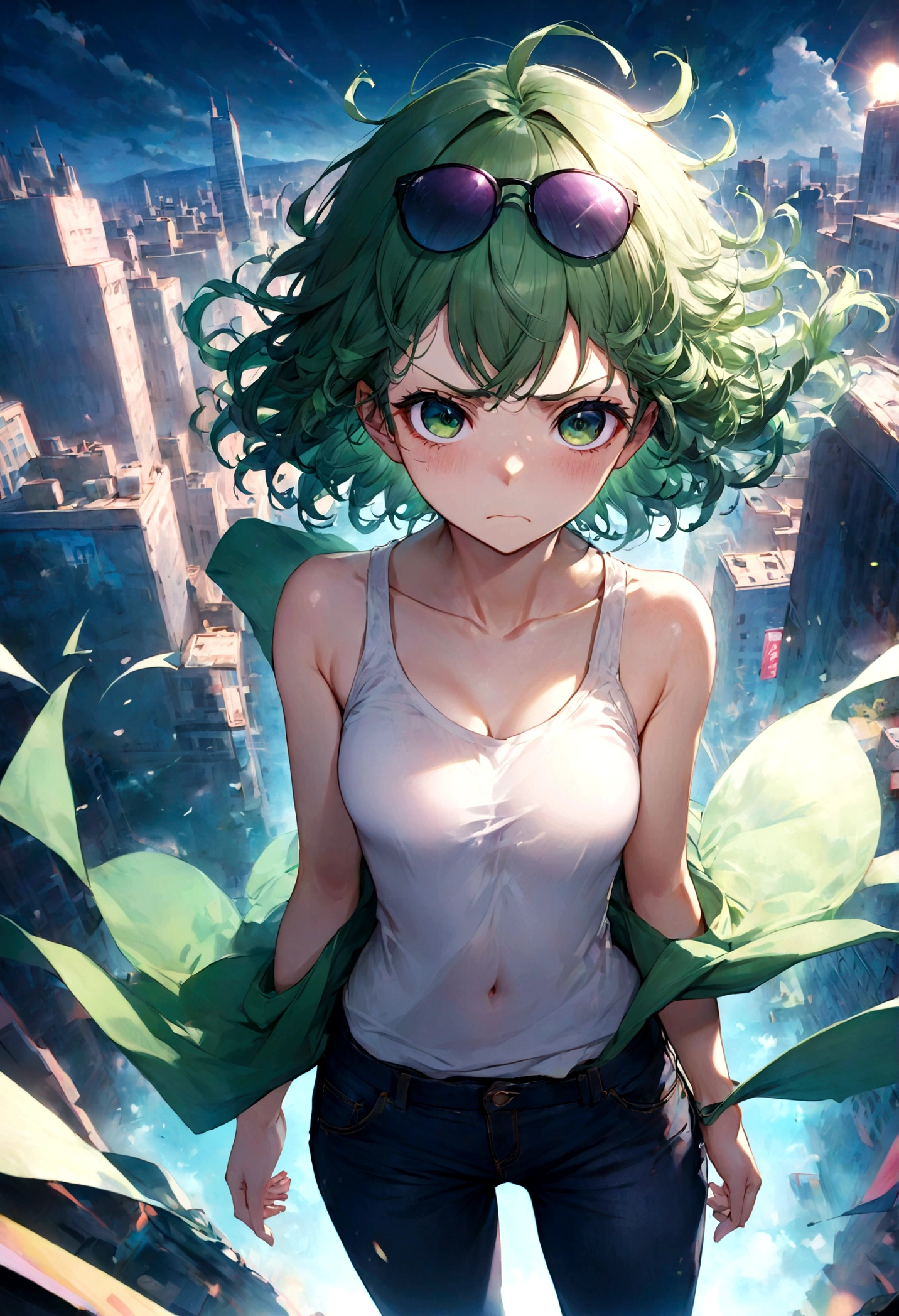 1girl, tatsumaki, green hair, green eyes, short hair, curly hair, white tank top, jeans, eyewear on head, (Disgusted face, Disgusted Look), looking at viewer, contempt, frown, upper body, city view, anime screenshot, dramatic composition, cinematic dynamic action scene, vibrant colors, cinematic lighting, dramatic lighting, best quality, masterpiece, very aesthetic, perfect composition, intricate details, ultra-detailed