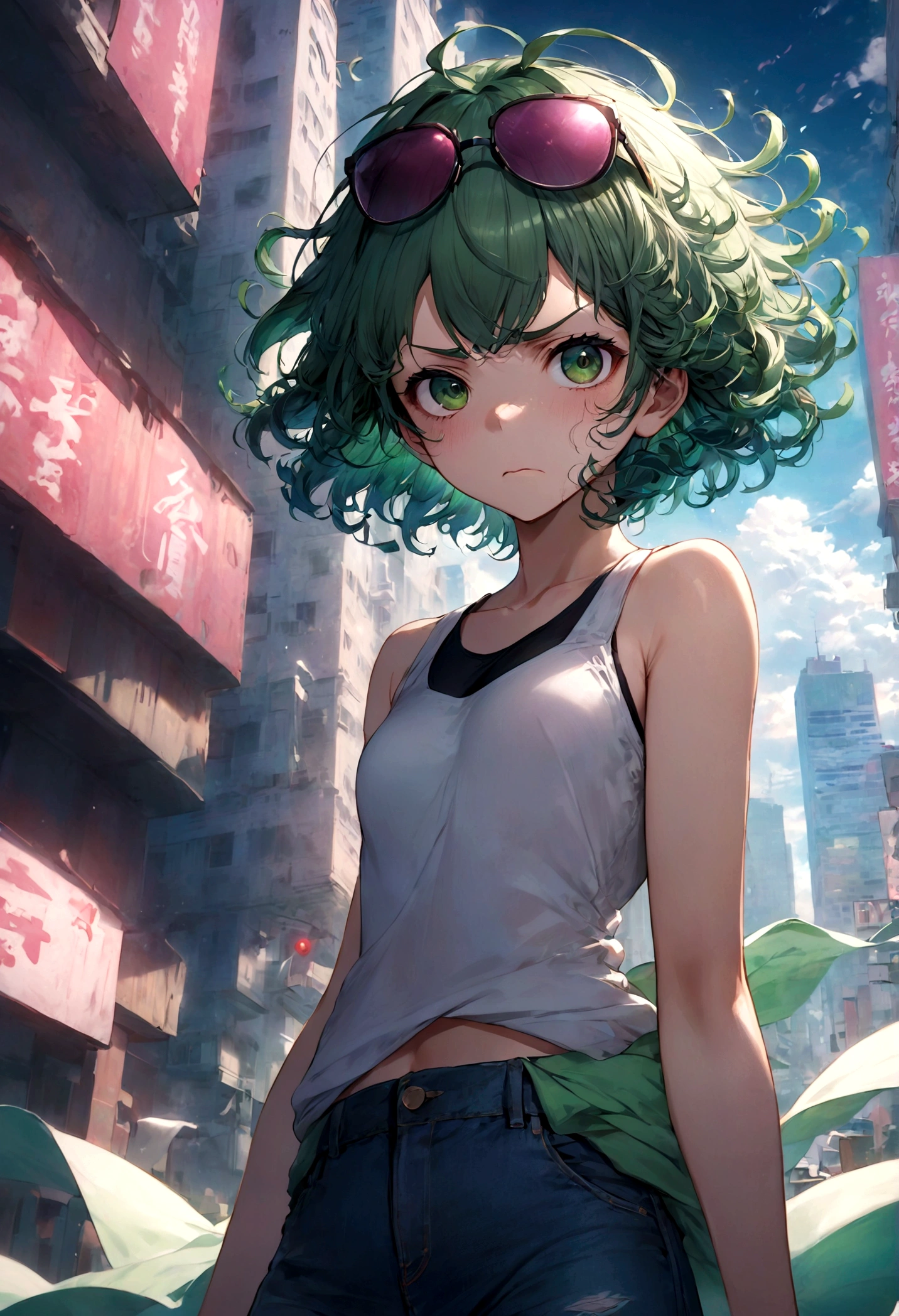 1girl, tatsumaki, green hair, green eyes, short hair, curly hair, white tank top, jeans, eyewear on head, (Disgusted face, Disgusted Look), looking at viewer, contempt, frown, upper body, city view, anime screenshot, dramatic composition, cinematic dynamic action scene, vibrant colors, cinematic lighting, dramatic lighting, best quality, masterpiece, very aesthetic, perfect composition, intricate details, ultra-detailed