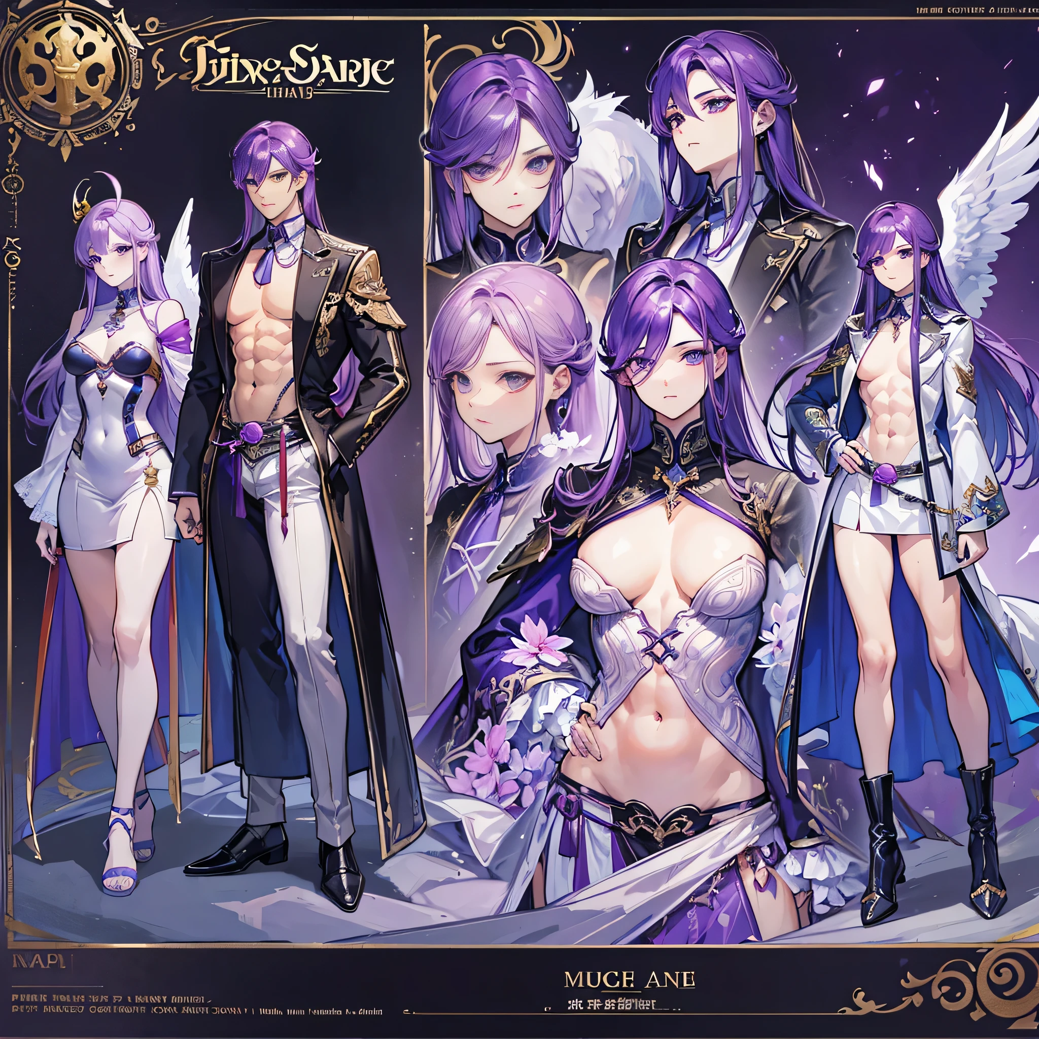 (Masterpiece, best quality), detailed, 1 man, ((character concept art)), ((character design sheet, same character, front, side, back)), full body, body complete, 1 Male, 1 Man, Detailed face, character design sheet,full bodyesbian, Highly detailed, character sheet, character design, Many parts, dark skin, angel wings, long purple hair, angel outfit, muscle male god, male clothes, masculine, muscle man, male muscle, manly, male angel, Muscle male with purple long hair, beautiful man, abs, pectoral muscle
