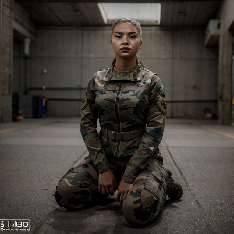 a female soldier seated placing her arms on her knees and holding in her hands 9mm akimbo, Detailed++, ultra realistic+++. 