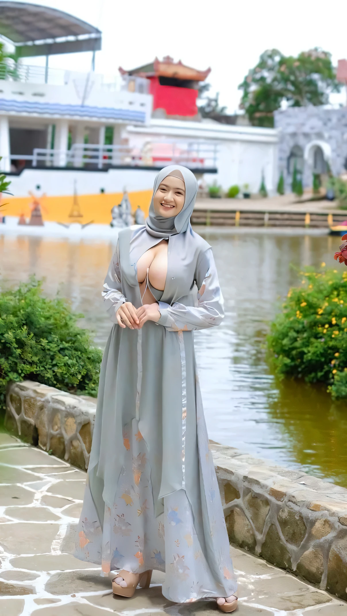 , , graceful pose, photorealistic, hyper detailed, 8k, HDR, UHD, professional lighting, physically-based rendering, vivid colors, delicate hijab, modest clothing, serene expression, ((((very bigger tits)))), ((wide hips)), ((((huge round breast)))), ((style heels)), nude