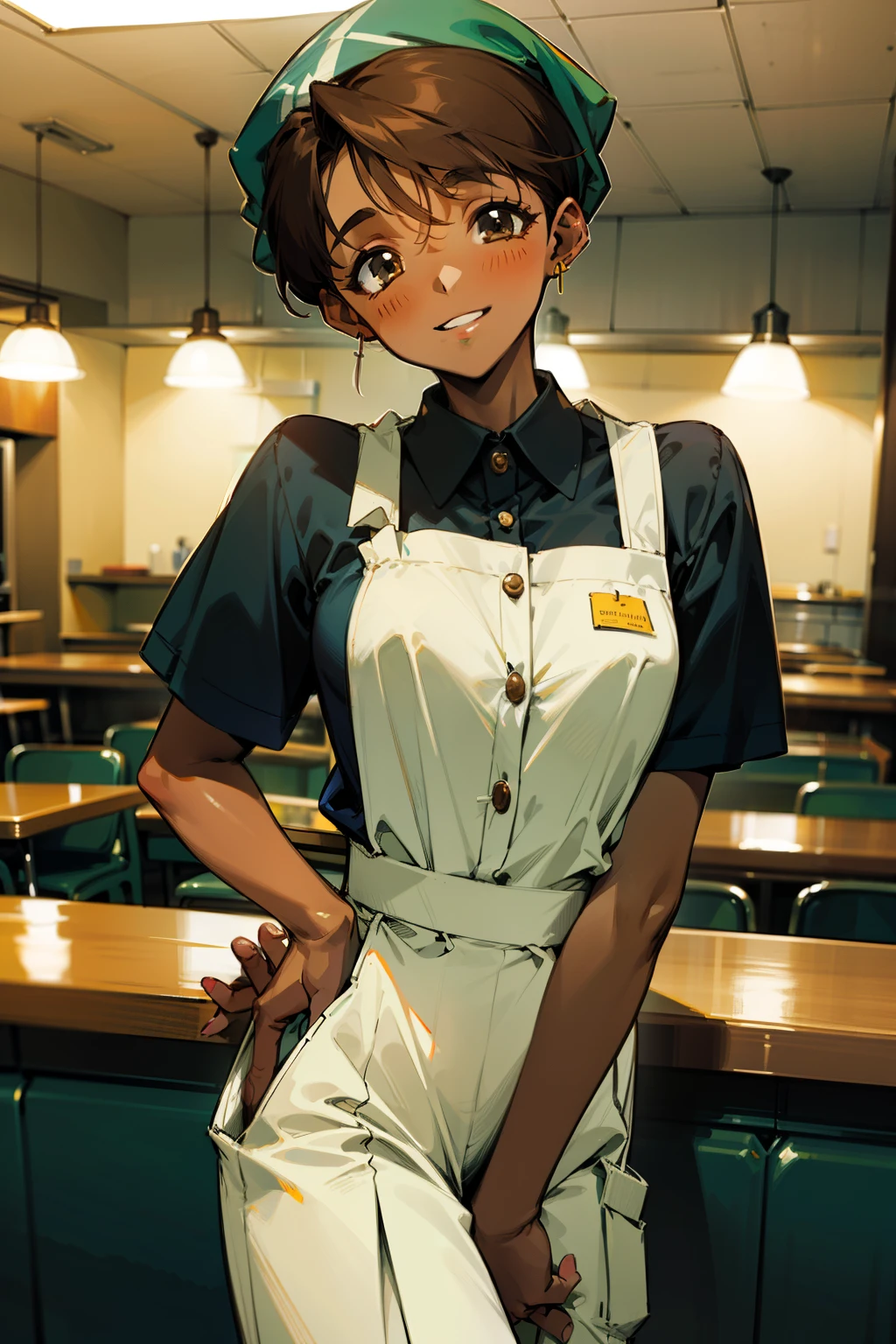 ,(Masterpiece), Best Quality, ultra-detailed, MIZUKITO, TAN, EARRINGS, head scarf, white shirts(buttons), apron, white pants , , slender and sexy body, 1girl, solo,facing viewer, looking  at viewer,head tilt, smile, parted lips,night time, school, in the a restaurant kitchen , standing, 