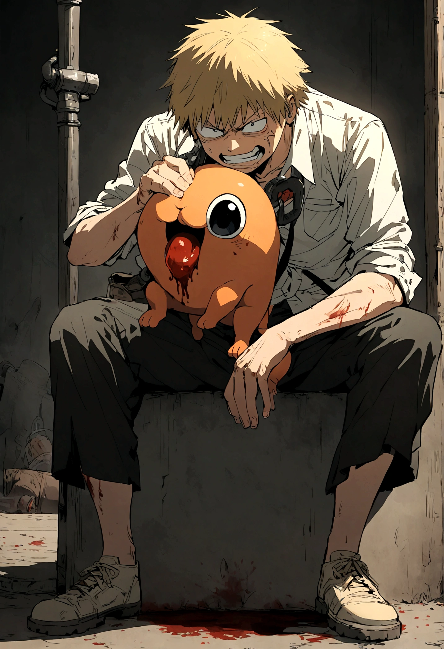 denji from chainsawman, eats pochita, blood, angry face, fullbody, sitting.