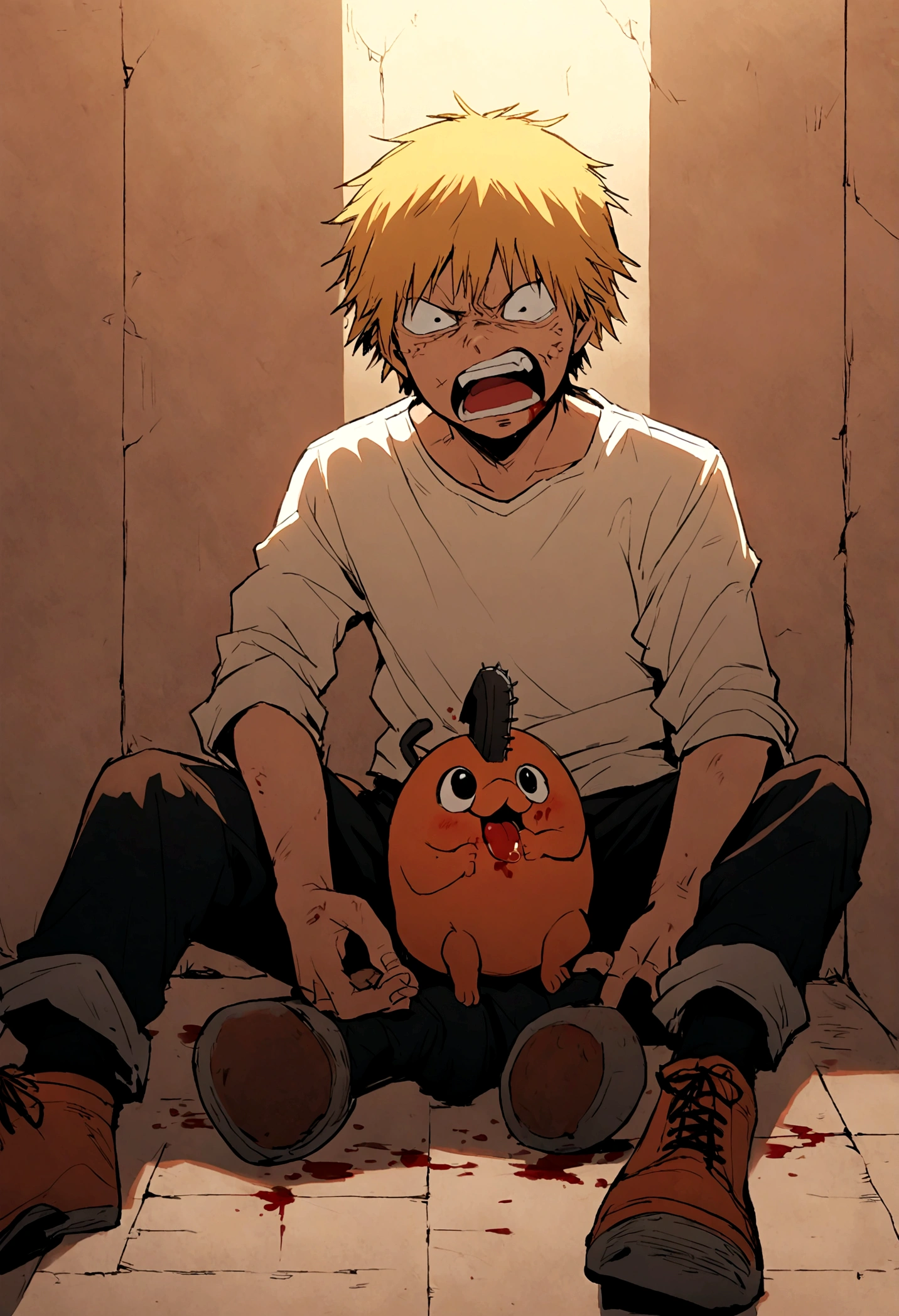 denji from chainsawman, eats pochita, blood, angry face, fullbody, sitting.