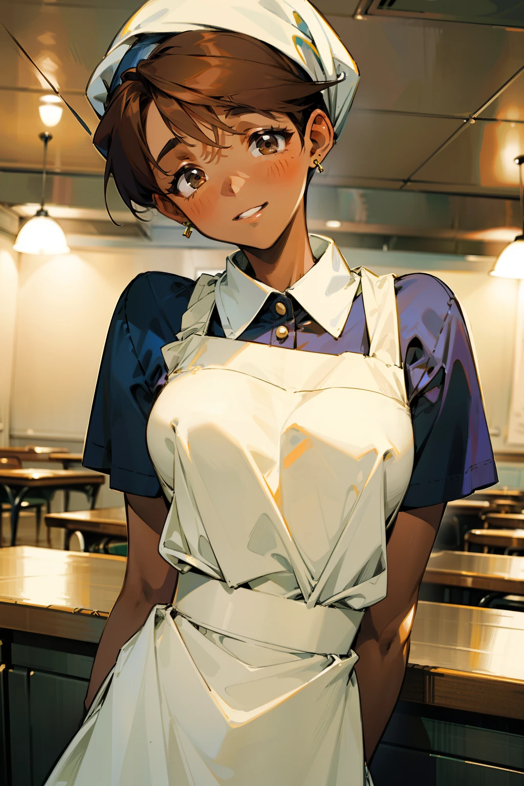 ,(Masterpiece), Best Quality, ultra-detailed, MIZUKITO, TAN, EARRINGS, head scarf, white shirts(buttons), white apron, white pants , , slender and sexy body, 1girl, solo,facing viewer, looking  at viewer,head tilt, smile, parted lips,night time, school, in the a restaurant kitchen , standing, 