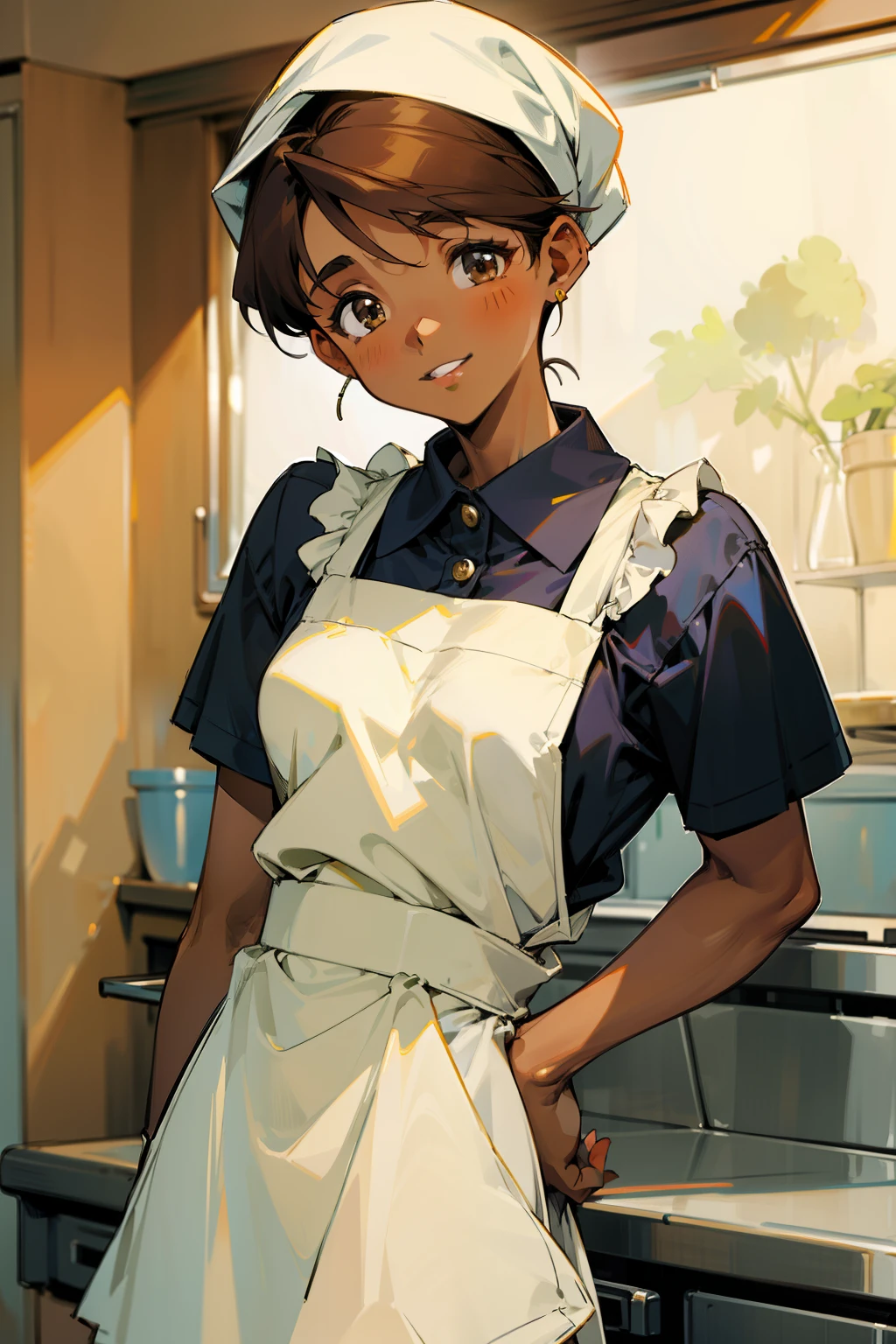 ,(Masterpiece), Best Quality, ultra-detailed, MIZUKITO, TAN, EARRINGS, head scarf, white shirts(buttons), white apron, white pants , , slender and sexy body, 1girl, solo,facing viewer, looking  at viewer,head tilt, smile, parted lips,night time, school, in the a restaurant kitchen , standing, 