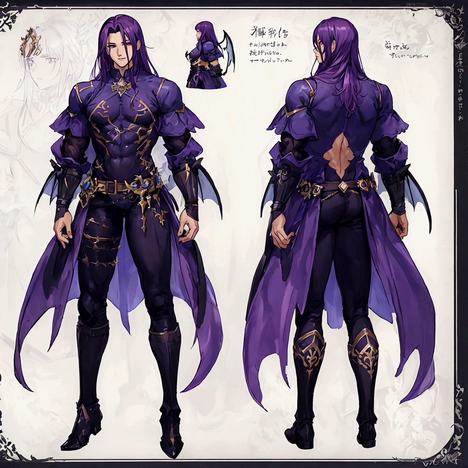 (Masterpiece, best quality), detailed, 1 man, ((character concept art)), ((character design sheet, same character, front, side, back)), full body, body complete, 1 Male, 1 Man, Detailed face, character design sheet,full bodyesbian, Highly detailed, character sheet, character design, Many parts, dark skin, angel wings, long purple hair, angel outfit, muscle male god, male clothes, masculine, muscle man, male muscle, manly, male angel, Muscle male with purple long hair,beautiful man