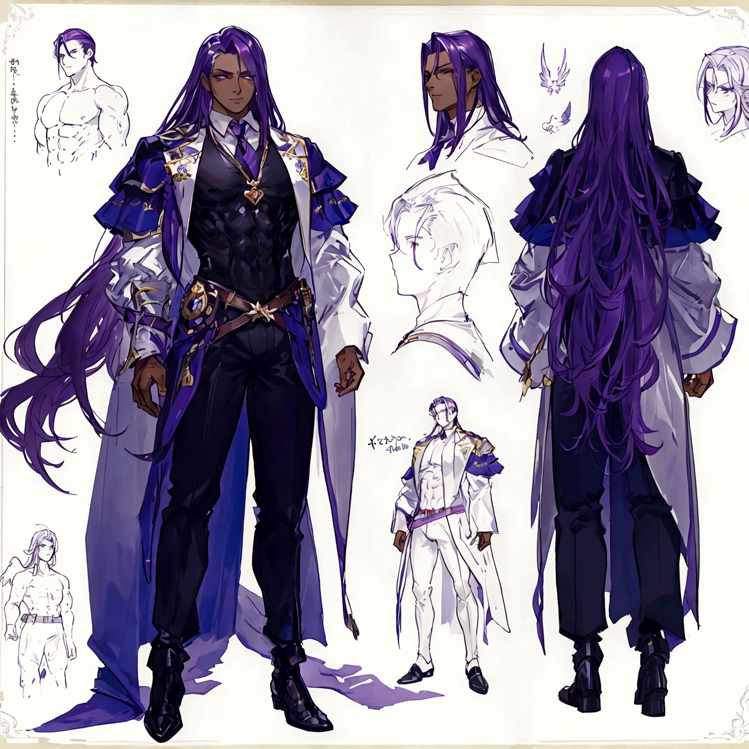 (Masterpiece, best quality), detailed, 1 man, ((character concept art)), ((character design sheet, same character, front, side, back)), full body, body complete, 1 Male, 1 Man, Detailed face, character design sheet,full bodyesbian, Highly detailed, character sheet, character design, Many parts, dark skin, angel wings, long purple hair, angel outfit, muscle male god, male clothes, masculine, muscle man, male muscle, manly, male angel, Muscle male with purple long hair,beautiful man