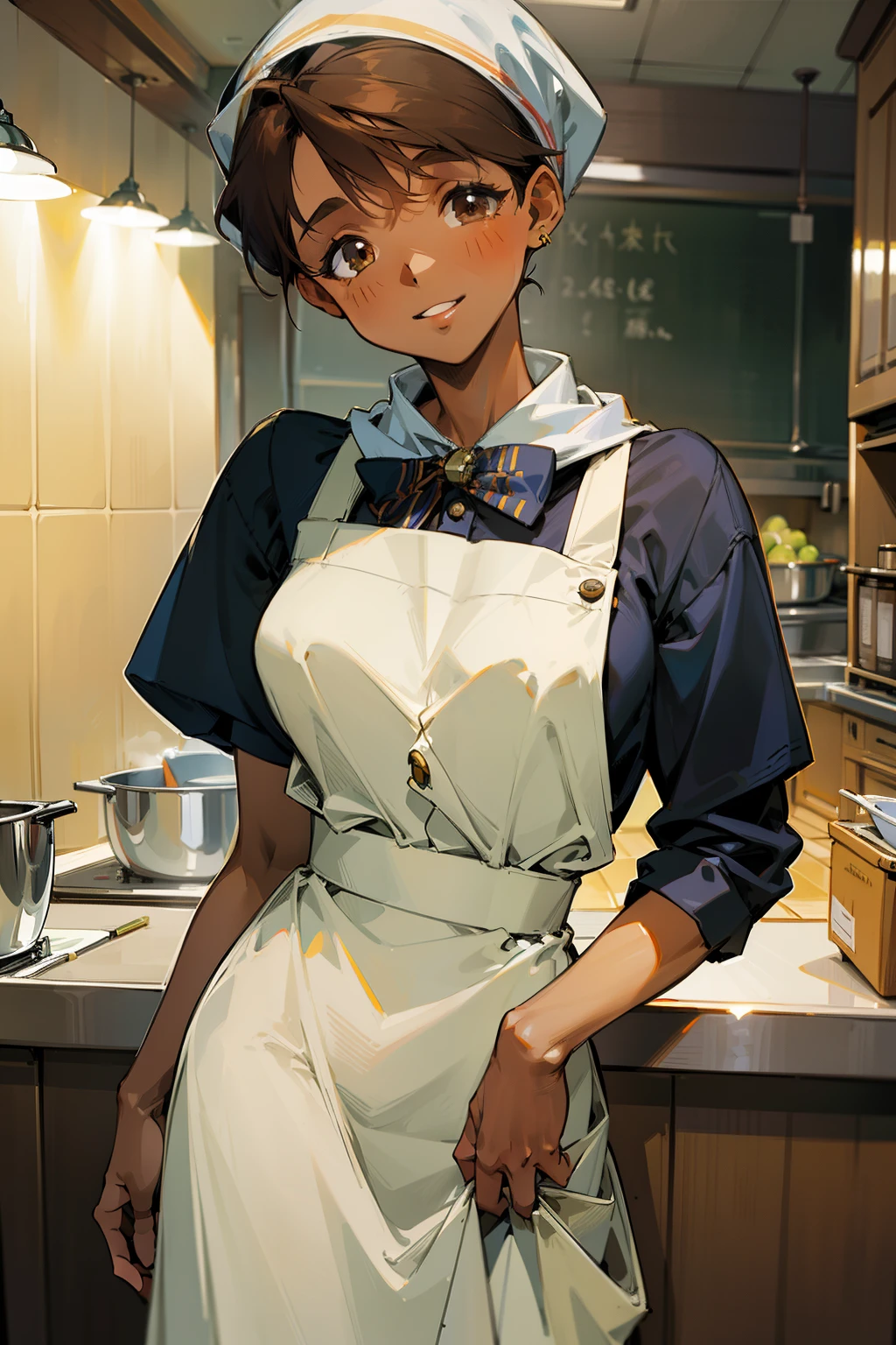 ,(Masterpiece), Best Quality, ultra-detailed, MIZUKITO, TAN, EARRINGS, head scarf, white y shirts(buttons), white apron, white pants , , slender and sexy body, 1girl, solo,facing viewer, looking  at viewer,head tilt, smile, parted lips,night time, school, in the a restaurant kitchen , standing, 