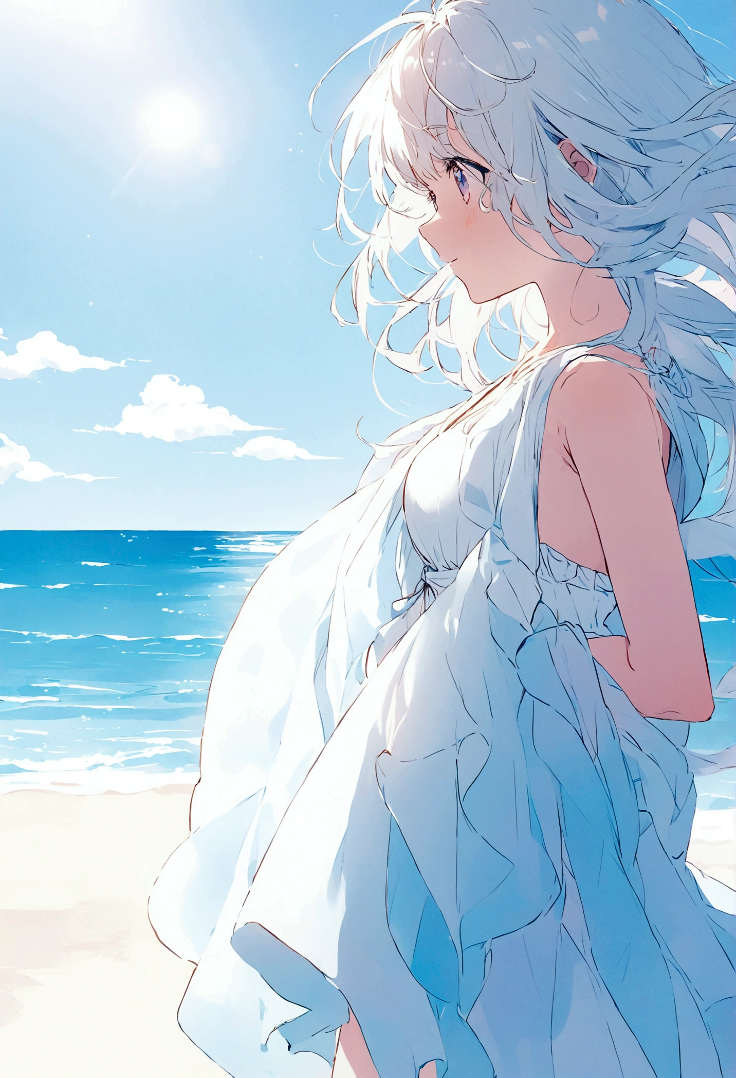 One cute girl in pastel colors, illustration, clear summer sunlight, blue sea, white sandy beach, azure sky, dancing in the wind with the fabric, top quality