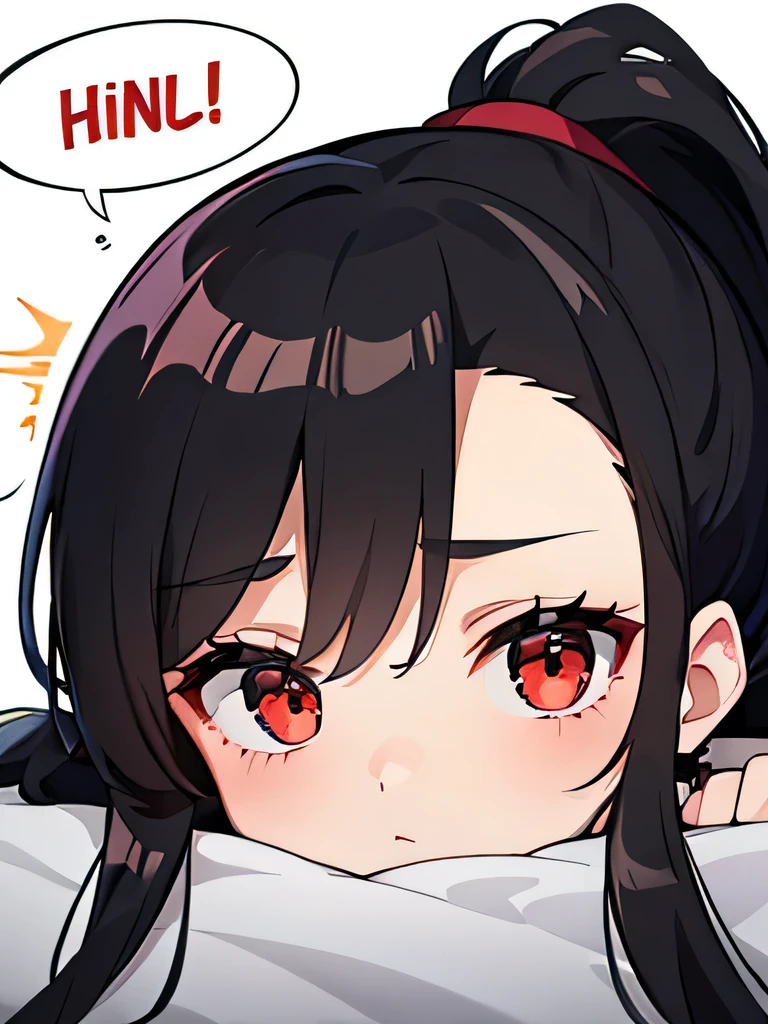 Masterpiece, high quality, one girl, under a duvet, face red and painful, compress on forehead, ponytail with long black hair, muffled in a speech bubble.