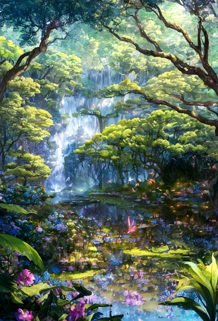 flower園,flower畑,Surreal illustration , Otherworldly, Ultra-aerial scene featuring the entire body of a giant crystal tree,Highly detailed and magical lighting, Intricate forest details, Surrounding vegetation and river, Solarpunk ,landscape, Giant Tree, Beautiful foliage with beautiful lighting and realistic proportions, Like a movie background, 8k, highest quality, masterpiece, 空のcloudと星.baptism,Baptism,Garden of Eden,Colorful,夢のようなlandscape, cloud, light piercing through the cloud, Reflection on the surface of the water, Gentle waterfall,flower々, flower ,Quiet atmosphere, Richness in details, Surreal beauty, Magical Aura, ファンタジーlandscape, High quality digital art, Vibrant colors, Fantastic lighting, Enchanting atmosphere, Artistic Expression, Otherworldly feeling, Beautiful brushwork, Magnificent View, Peaceful tranquility, Immersive Experience, Breathtaking views, Picturesque views, Mysterious charm, Mysterious atmosphere, Nuances, A magical dream. There are no people, Nobody is here
