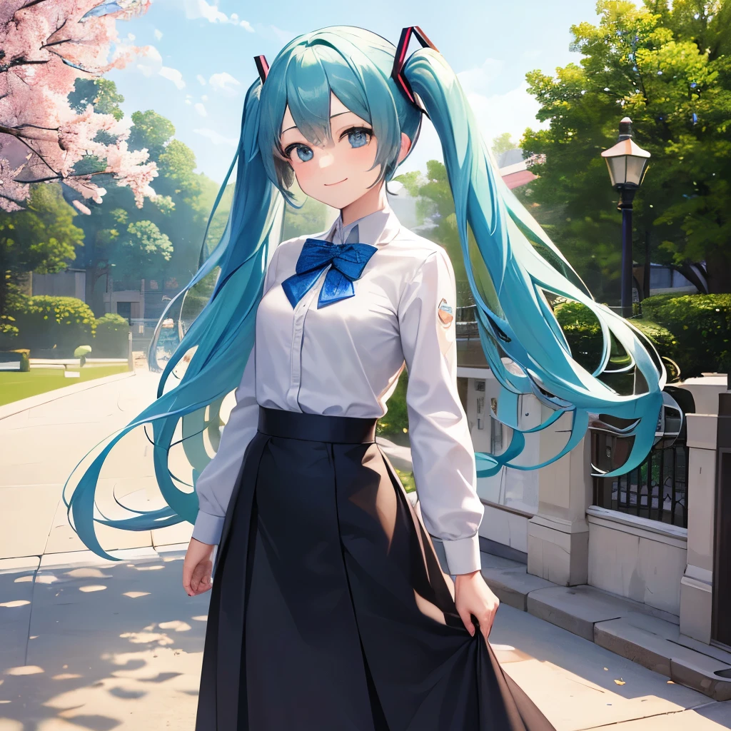 ((highest quality)),((masterpiece)),(detailed),Just two persons,Paired Drawings,spring,Entrance Ceremony,One girl,Hatsune Miku,school uniform,cute,smile,One boy,KAITO,,tall,cool,smile