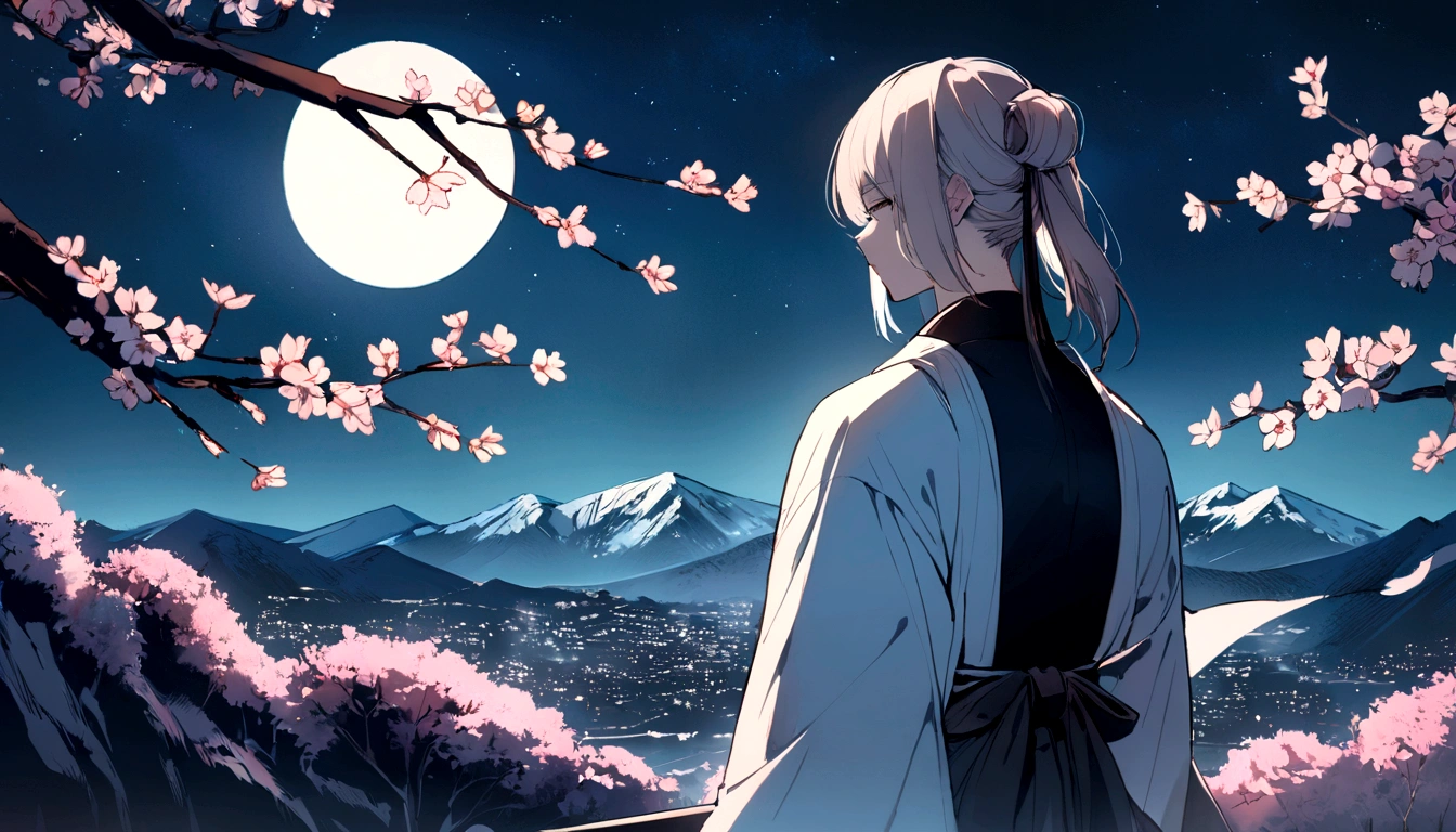 1 person, Samurai holding a sword, male,highest quality, cherry blossoms, Mountain々,Back view,Moonlit Night