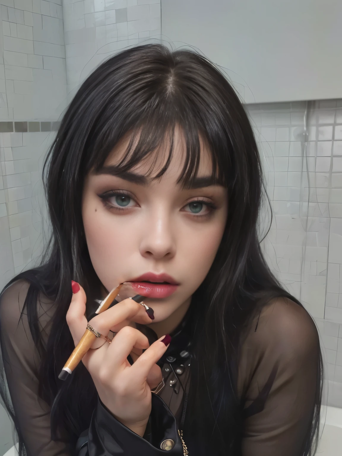 woman with green nails, and a cigarette in her mouth, cigarette, dramatic smoking pose, cigarettes, goth girl aesthetic, smoking, digital art. @mariomaniacdude, gothic girl smoking, soft devil queen madison beer, charli xcx, dua lipa, lofi girl aesthetic, gothic girl smoking a cigarette, with cigar, with full bangs, smoking cigarette, siren eyes, high quality, high resolution, 8K