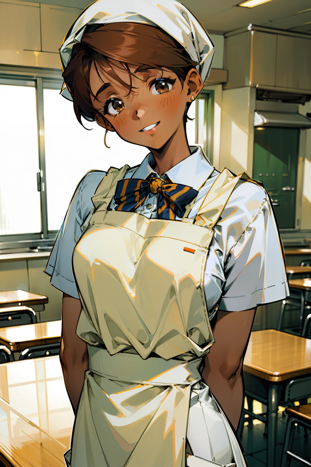 ,(Masterpiece), Best Quality, ultra-detailed, MIZUKITO, TAN, EARRINGS, head scarf, white y shirts(buttons), white apron, white pants , , slender and sexy body, 1girl, solo,head tilt, smile, parted lips,night time, school, in the a restaurant kitchen , standing, back-view