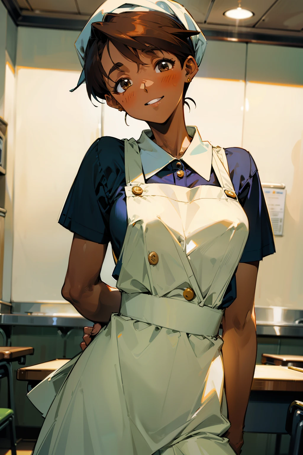 ,(Masterpiece), Best Quality, ultra-detailed, MIZUKITO, TAN, EARRINGS, head scarf, white y shirts(buttons), white apron, white pants , , slender and sexy body, 1girl, solo,head tilt, smile, parted lips,night time, school, in the a restaurant kitchen , standing, back-view 