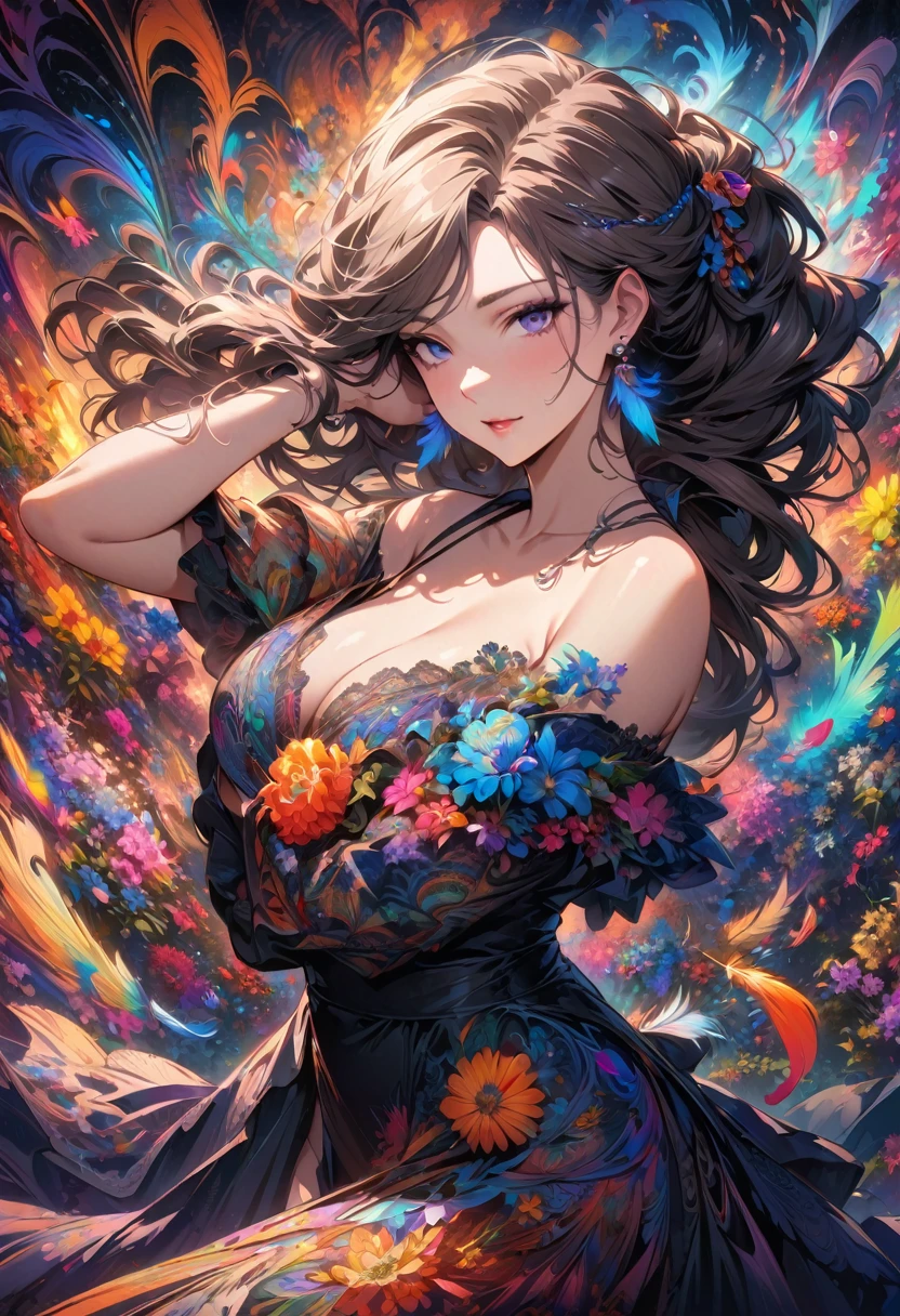(masterpiece, top quality, Best quality, official art, Beautiful and aesthetically pleasing:1.2), (1 girl, mature:1.3, got old:1.3), long hair, braid sidelocks, extremely detailed,(fractal art:1.1),(Colorful:1.4)(flowers:1.3),The most detailed,(zentangle:1.2), (dynamic pose), (Abstract background:1.3), (shiny skin), (many colors:1.4),(Earrings:1.4), (feathers:1.4), cowboy shot