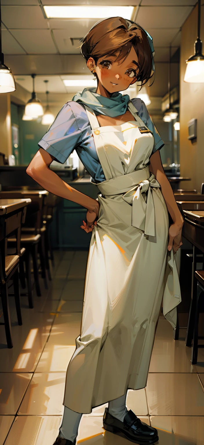 ,(Masterpiece), Best Quality, ultra-detailed, MIZUKITO, TAN, EARRINGS, head scarf, white y shirts(buttons), white apron, white pants , , slender and sexy body, 1girl, solo,facing viewer, looking at viewer,head tilt, smile, parted lips,night time, school, in the a restaurant kitchen , standing, Full-body