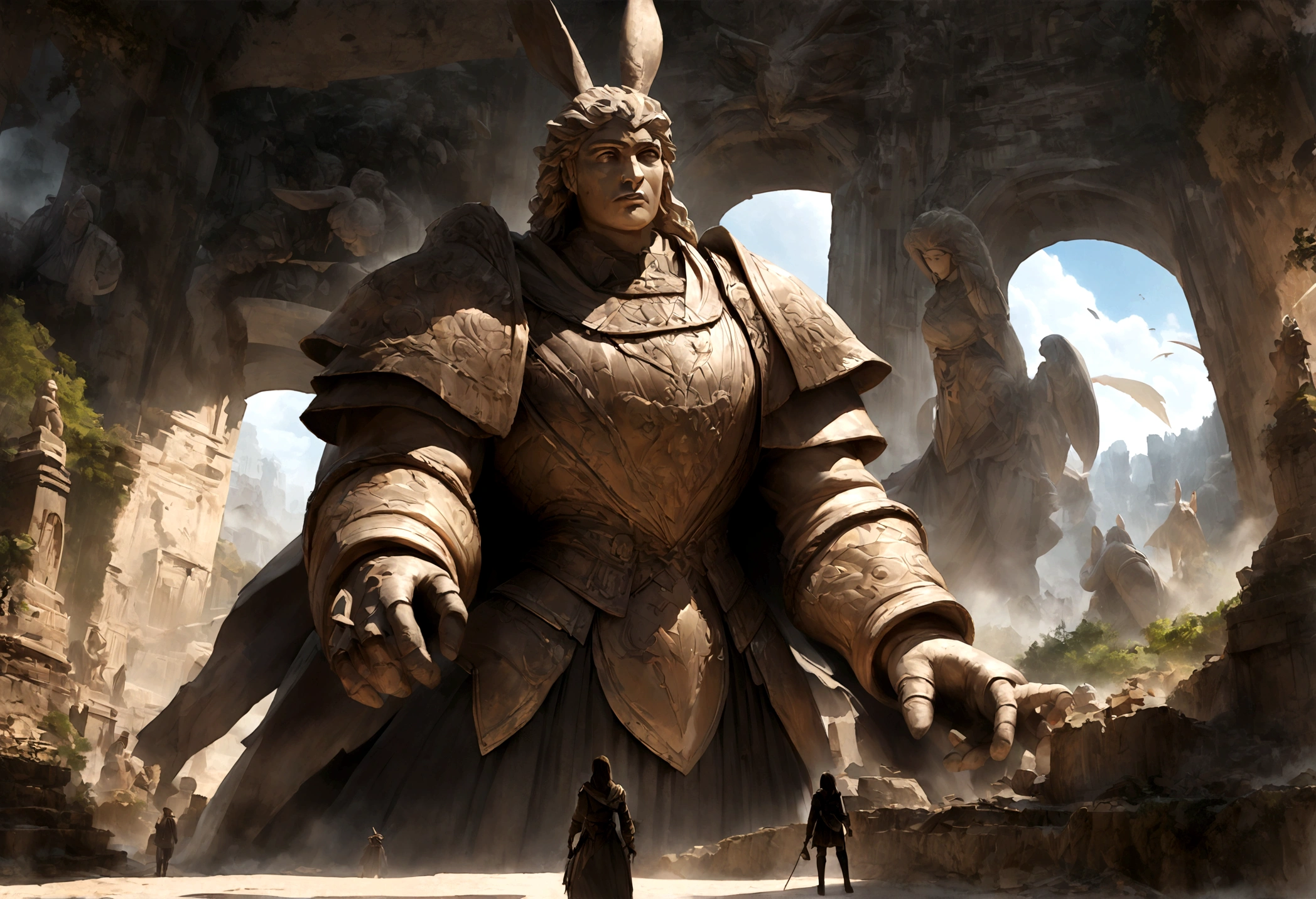 (Huge warrior statue in the background:1.5), (highest quality,High resolution),detailed,Realistic,mystery,adventure,thrilling action,Beautiful views,SF,mystery的な雰囲気,Impressive visual effects,Charmed〜Three Witch Sisters,Magical World,Rabbit eared girl exploring the maze,A mind-blowing twist,Lush maze walls,Vibrant colors,Ominous Shadow,Impressive scale and depth,Complex puzzles,An exhilarating chase scene,Run to survive,Thrilling suspense,Dangerous roads and dead ends,Mysterious creatures lurking in the maze,Heroic determination,Change your perspective,Nerve-wracking tension,Game-changing secrets hidden in mazes,Dangerous traps and obstacles,Unforgettable climax,Cinematic masterpieces.
