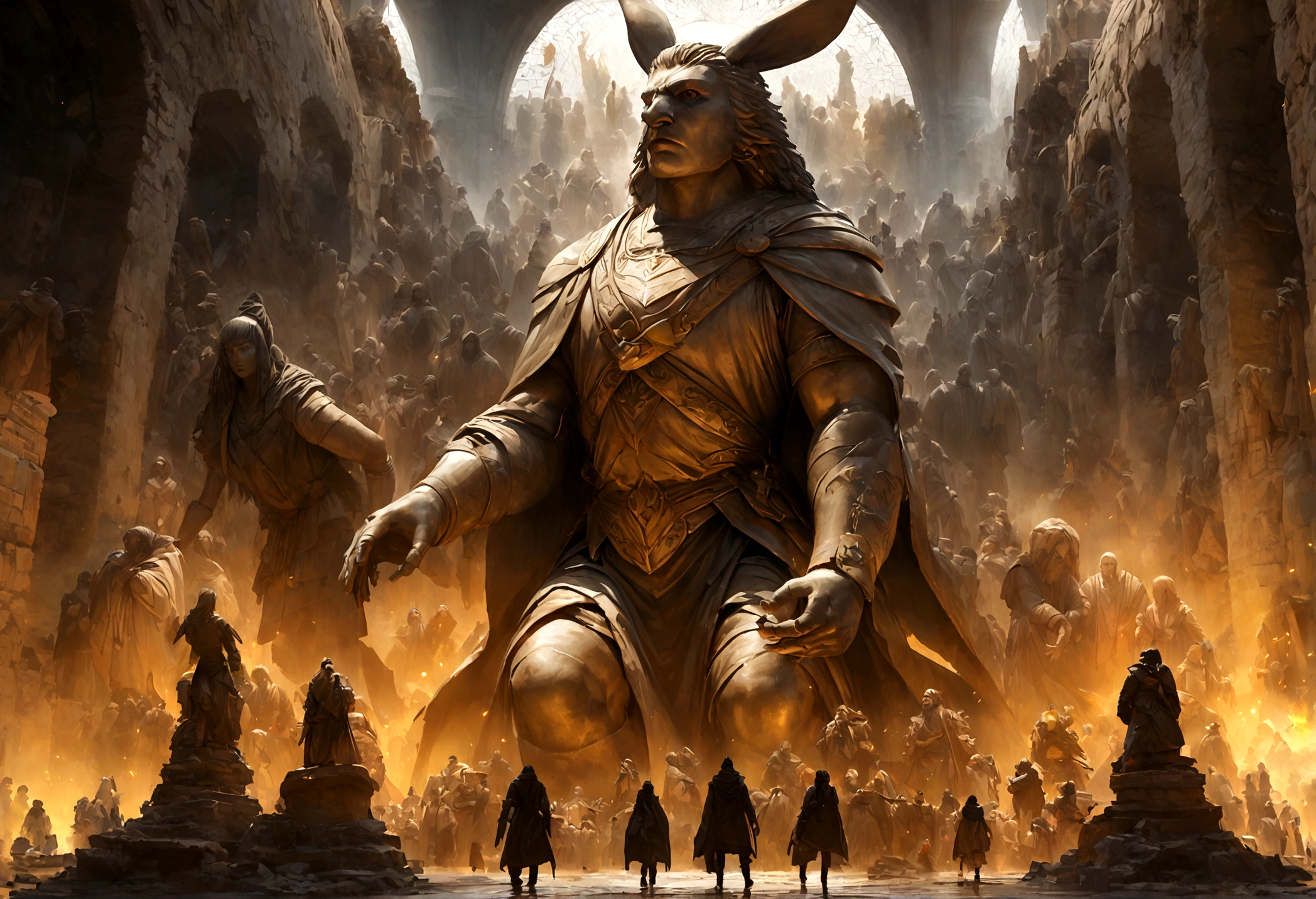 (Huge warrior statue in the background:1.5), (highest quality,High resolution),detailed,Realistic,mystery,adventure,thrilling action,Beautiful views,SF,mystery的な雰囲気,Impressive visual effects,Charmed〜Three Witch Sisters,Magical World,Rabbit eared girl exploring the maze,A mind-blowing twist,Lush maze walls,Vibrant colors,Ominous Shadow,Impressive scale and depth,Complex puzzles,An exhilarating chase scene,Run to survive,Thrilling suspense,Dangerous roads and dead ends,Mysterious creatures lurking in the maze,Heroic determination,Change your perspective,Nerve-wracking tension,Game-changing secrets hidden in mazes,Dangerous traps and obstacles,Unforgettable climax,Cinematic masterpieces.