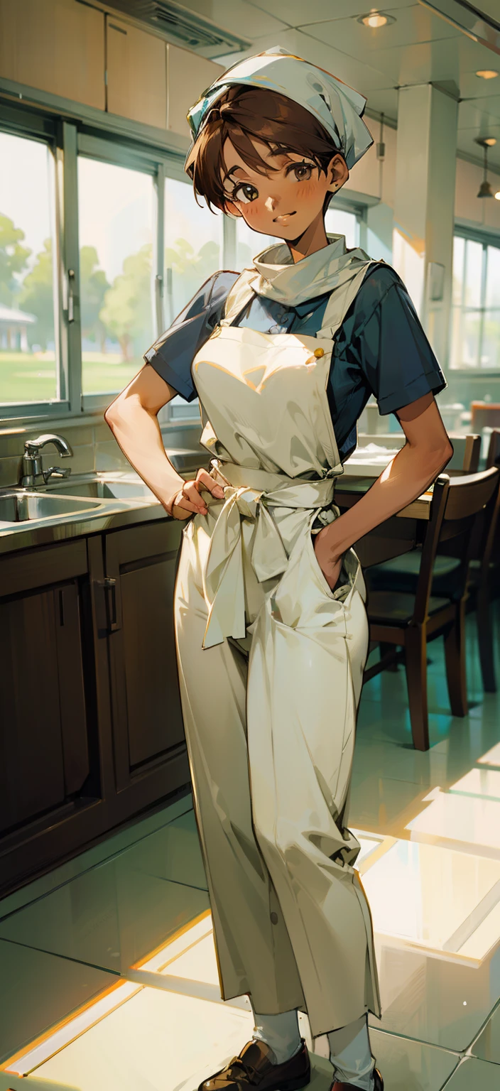 ,(Masterpiece), Best Quality, ultra-detailed, MIZUKITO, TAN, EARRINGS, head scarf, white y shirts(buttons), white apron, white pants , , slender and sexy body, 1girl, solo,facing viewer, looking  at viewer,head tilt, smile, parted lips,night time, school, in the a restaurant kitchen , standing, Full-body 