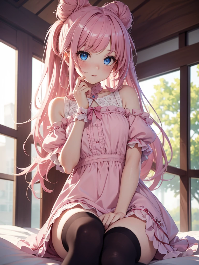 8K, Best Quality, Masterpiece, Ultra High Resolution, 1 Girl, Beautiful Eyes, Face Details, Pink Hair, Long Hair, Hair Buns, Hair Bow, Blue Eyes, Pale Skin, Wearing Short Dress, Cute Dress, Knee Socks, Elegant Feminine Bedroom, Masterpiece, Best Quality, Upper Body, Looking at the Viewer, Close Up