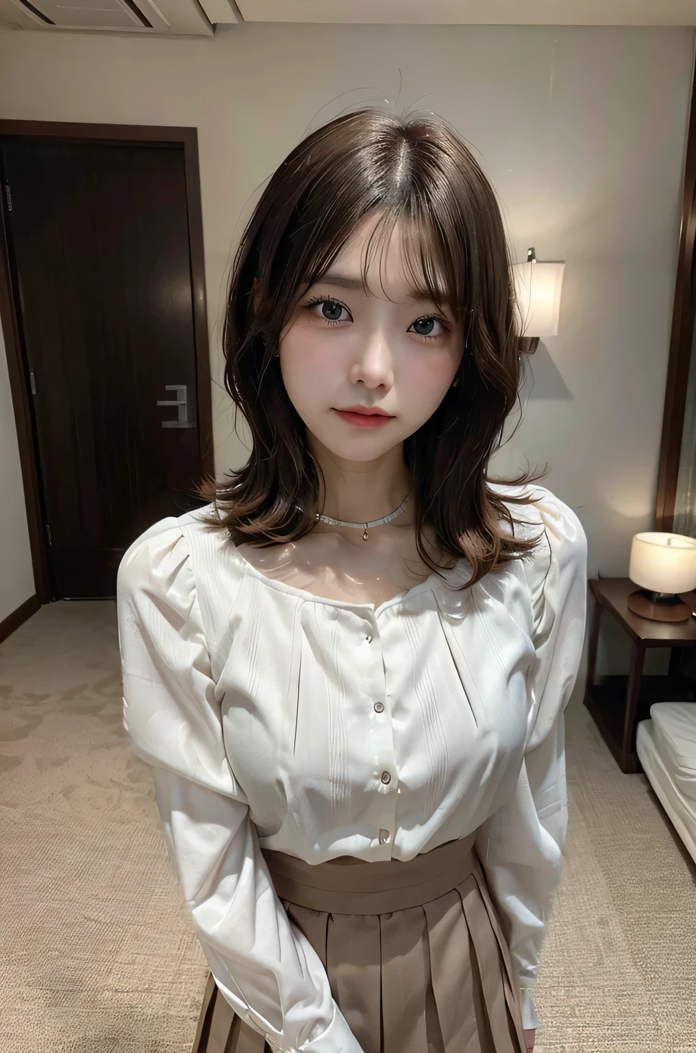 She is wearing a white blouse with long sleeves and a collar、Wearing a brown pleated skirt、Brown Bob Short Hair