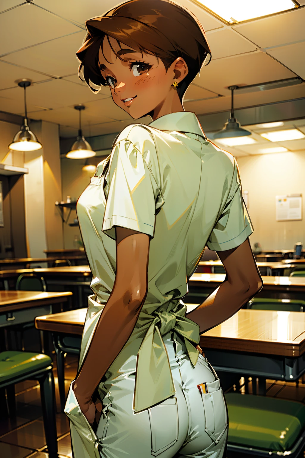 ,(Masterpiece), Best Quality, ultra-detailed, MIZUKITO, TAN, EARRINGS, head scarf, white y shirts(buttons), white apron, white pants , , slender and sexy body, 1girl, solo,head tilt, smile, parted lips,night time, school, in the a restaurant kitchen , standing, back-view 