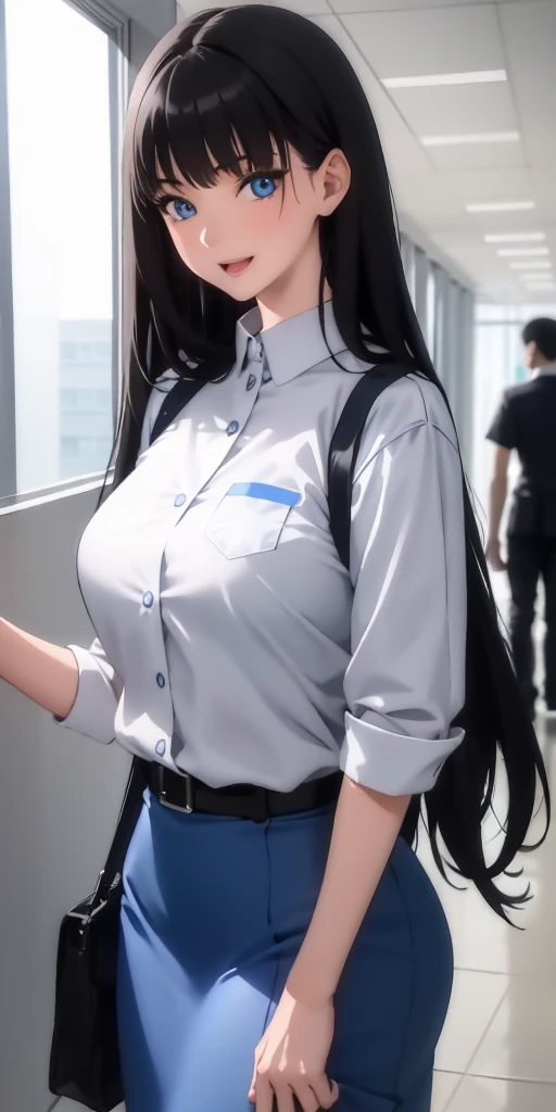 (masterpiece), (best quality), (ultra-detailed), ((girl, 29 years old)), an extremely delicate and beautiful, detailed eyes, minute details, (black hair, long hair, straight hair, hair between eyes), ((big breasts)), smile, open mouth, ((beautiful eyes)), (blue eyes), (upper body), she is wearing a blue dress, (detailed clothes), (detailed background, in a hospital, hospital hallway), (monochrome)