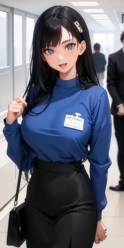 (masterpiece), (best quality), (ultra-detailed), ((girl, 29 years old)), an extremely delicate and beautiful, detailed eyes, minute details, (black hair, long hair, straight hair, hair between eyes), ((big breasts)), smile, open mouth, ((beautiful eyes)), (blue eyes), (upper body), she is wearing a blue dress, (detailed clothes), (detailed background, in a hospital, hospital hallway), (monochrome)