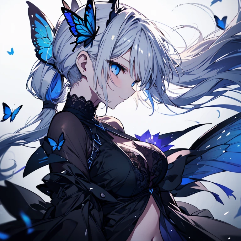 1 girl、Mature、Ample breasts、White Hair、Long Hair、ponytail、ハイponytail、Blue Eyes、Sharp Eyes、Black Dress、Black Mask、Shoulder Bare、Belly button、Blue Butterfly、Moonlit Night、A seductive smile、High resolution、highest quality、Black Mask、lace fabric gloves、Big Wings、Hair blowing in the wind、Look to the side、profile、beautiful