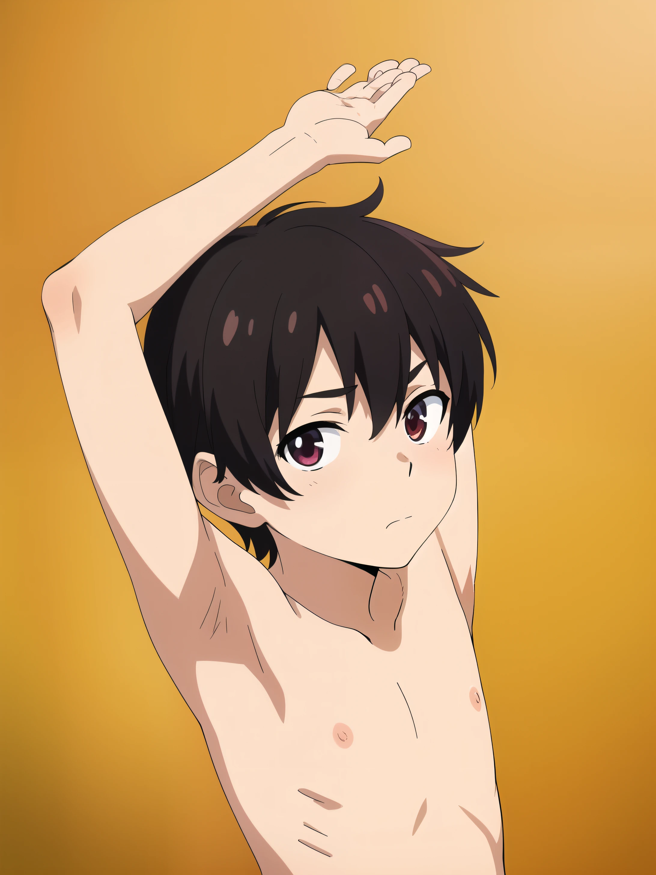 Highres, Masterpiece, Best quality at best,Best Quality,hight quality, hight detailed, anime style, 1boy, Boy, Shota, Shirtless, Without cloths, Seen from the front, look at viewer, Look like little brother, (very young boy), (very small and short body), s, (Showing armpit:1.3), Cute face, hansome boy, seductive pose, uhd