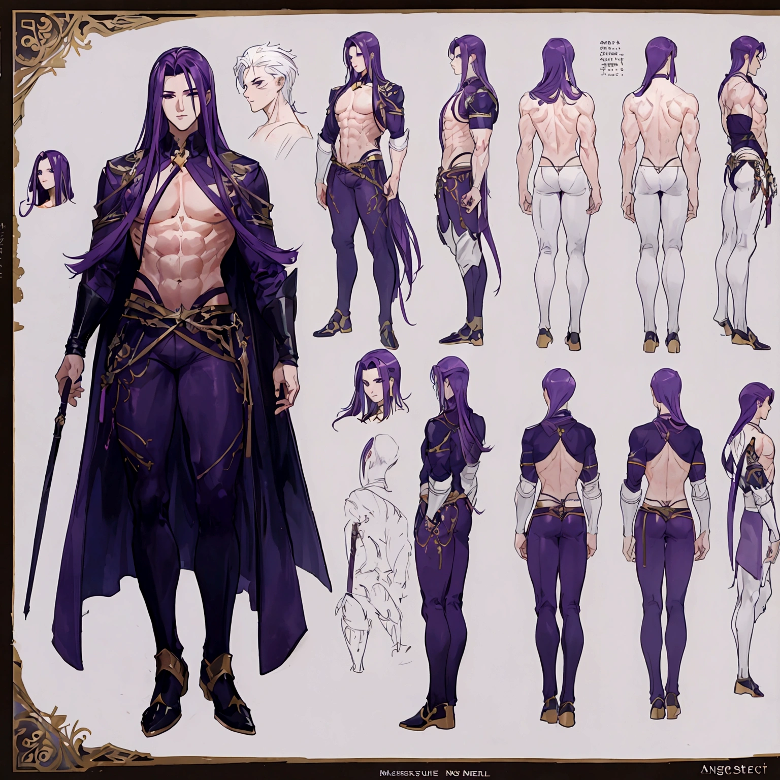 (Masterpiece, best quality), detailed, 1 man, ((character concept art)), ((character design sheet, same character, front, side, back)), full body, body complete, 1 Male, 1 Man, Detailed face, character design sheet,full bodyesbian, Highly detailed, character sheet, character design, Many parts, dark skin, angel wings, long purple hair, angel outfit, muscle male god, masculine, muscle man, male muscle, manly, male angel, Muscle male with purple long hair,beautiful man, abs, pectoral muscle