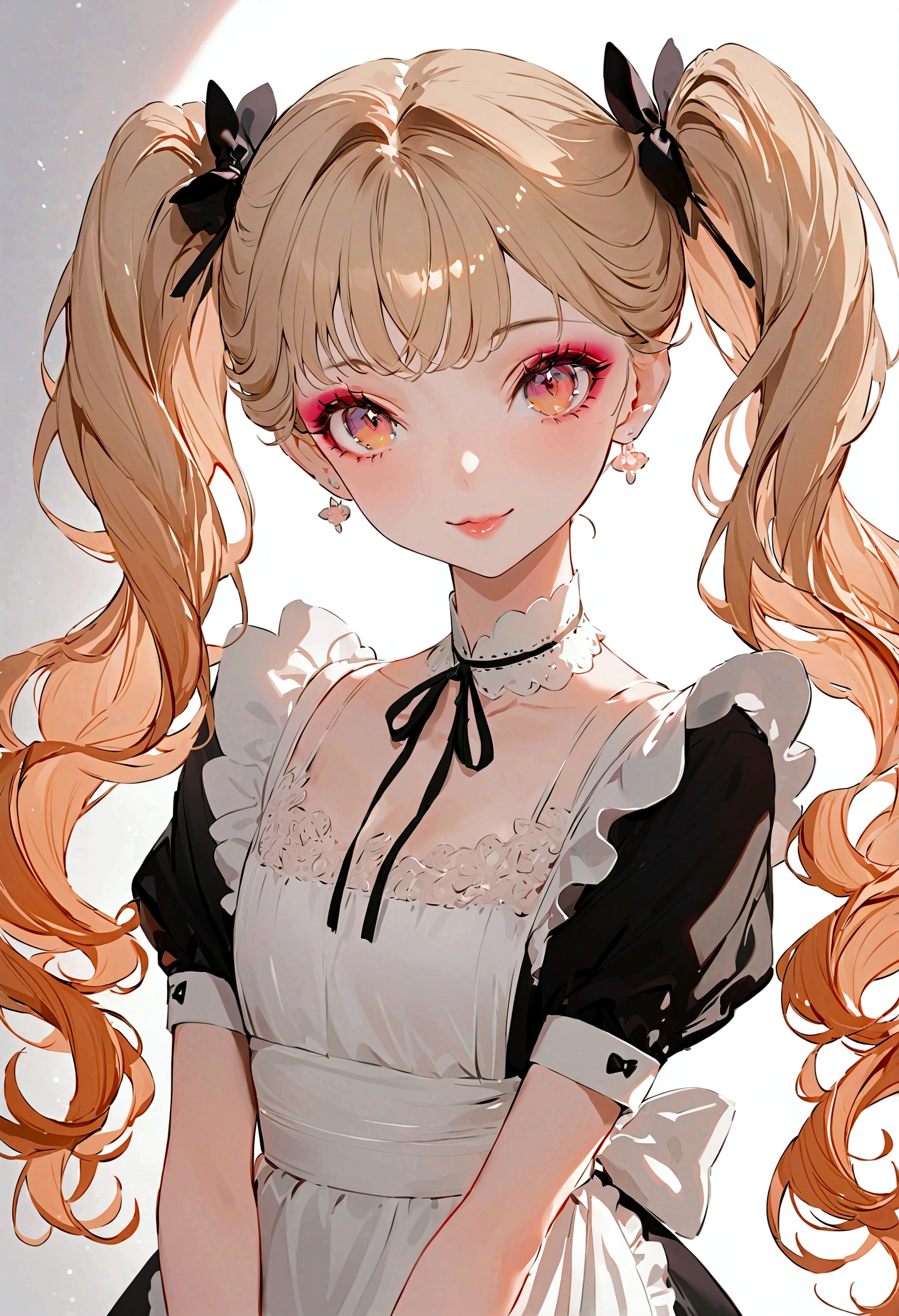 a beautiful maid, best quality, extremely detailed, high resolution, beautiful girl with perfect face, very long eyelashes, extremely detailed lips, radiant smile, soft skin, shiny hair, vibrant background, natural lighting, the cutest girl in the world, exquisite makeup, twin tails