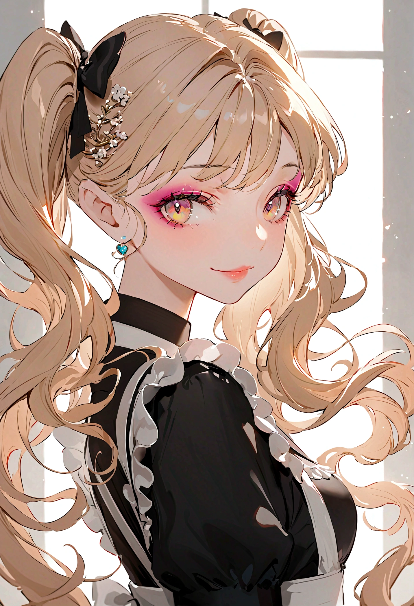 a beautiful maid, best quality, extremely detailed, high resolution, beautiful girl with perfect face, very long eyelashes, extremely detailed lips, radiant smile, soft skin, shiny hair, vibrant background, natural lighting, the cutest girl in the world, exquisite makeup, twin tails