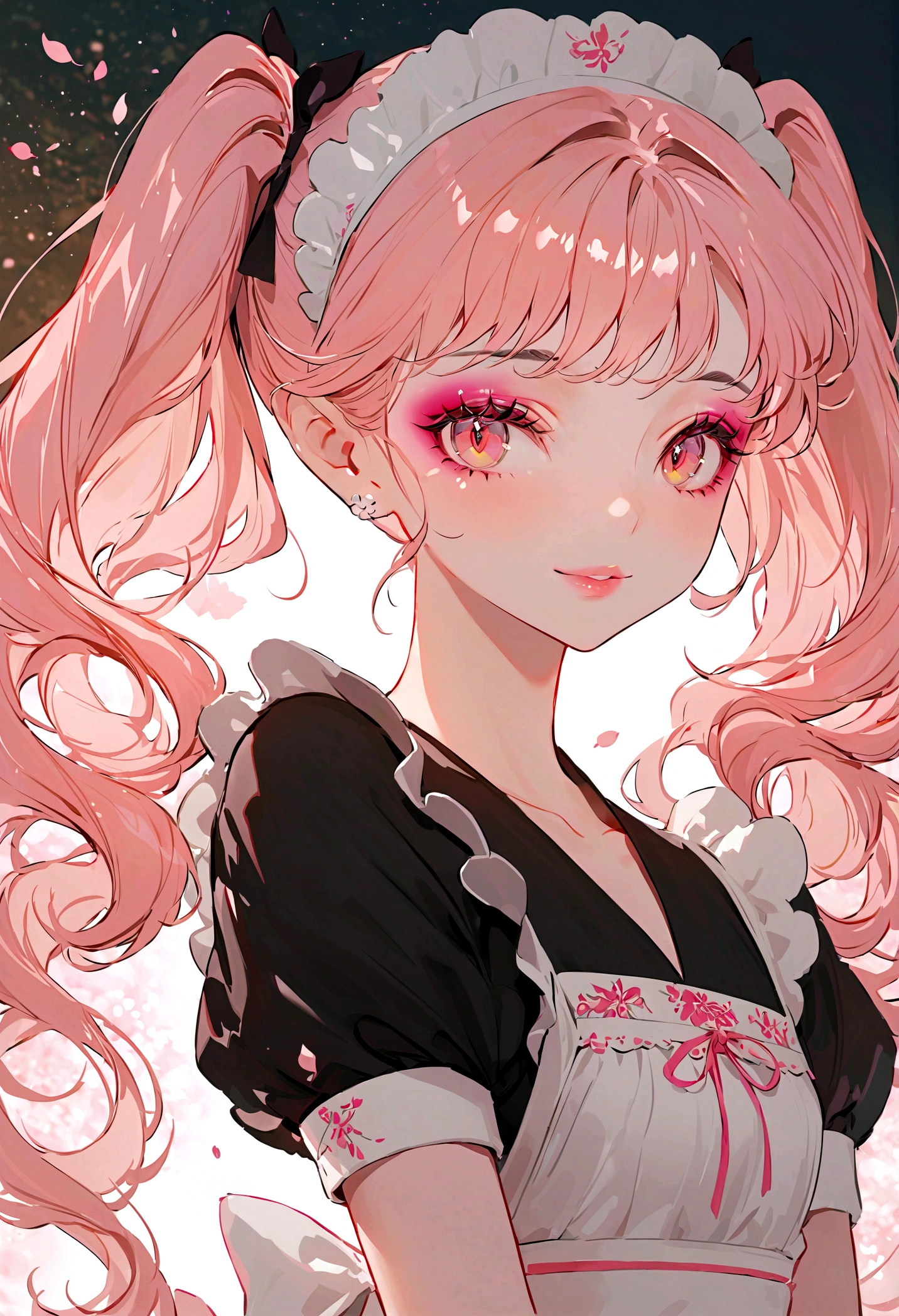 a beautiful maid, best quality, extremely detailed, high resolution, beautiful girl with perfect face, very long eyelashes, extremely detailed lips, radiant smile, soft skin, shiny hair, vibrant background, natural lighting, the cutest girl in the world, exquisite makeup, twin tails