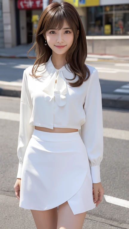 highest quality、8k wallpaper、Reality:1.4、Cinema Lighting、View your viewers、background:City street corner、1 beautiful girl、Japanese Idol、30 years old、Beautifully detailed eyes、Detailed face、Beautiful Skin、Slender、Slim waist、Thin legs、Fancy hairstyle:1.3、The sunlight hits her hair and it shines golden、Light Hair、Asymmetrical bangs、White blouse、White mini skirt、Red jacket、smile:1.2