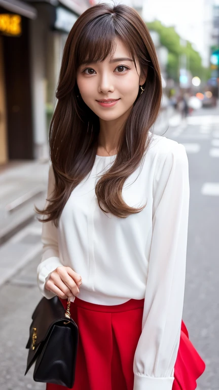 highest quality、8k wallpaper、Reality:1.4、Cinema Lighting、View your viewers、background:City street corner、1 beautiful girl、Japanese Idol、30 years old、Beautifully detailed eyes、Detailed face、Beautiful Skin、Slender、Slim waist、Thin legs、Fancy hairstyle:1.3、The sunlight hits her hair and it shines golden、Light Hair、Asymmetrical bangs、White blouse、White mini skirt、Red jacket、smile:1.2