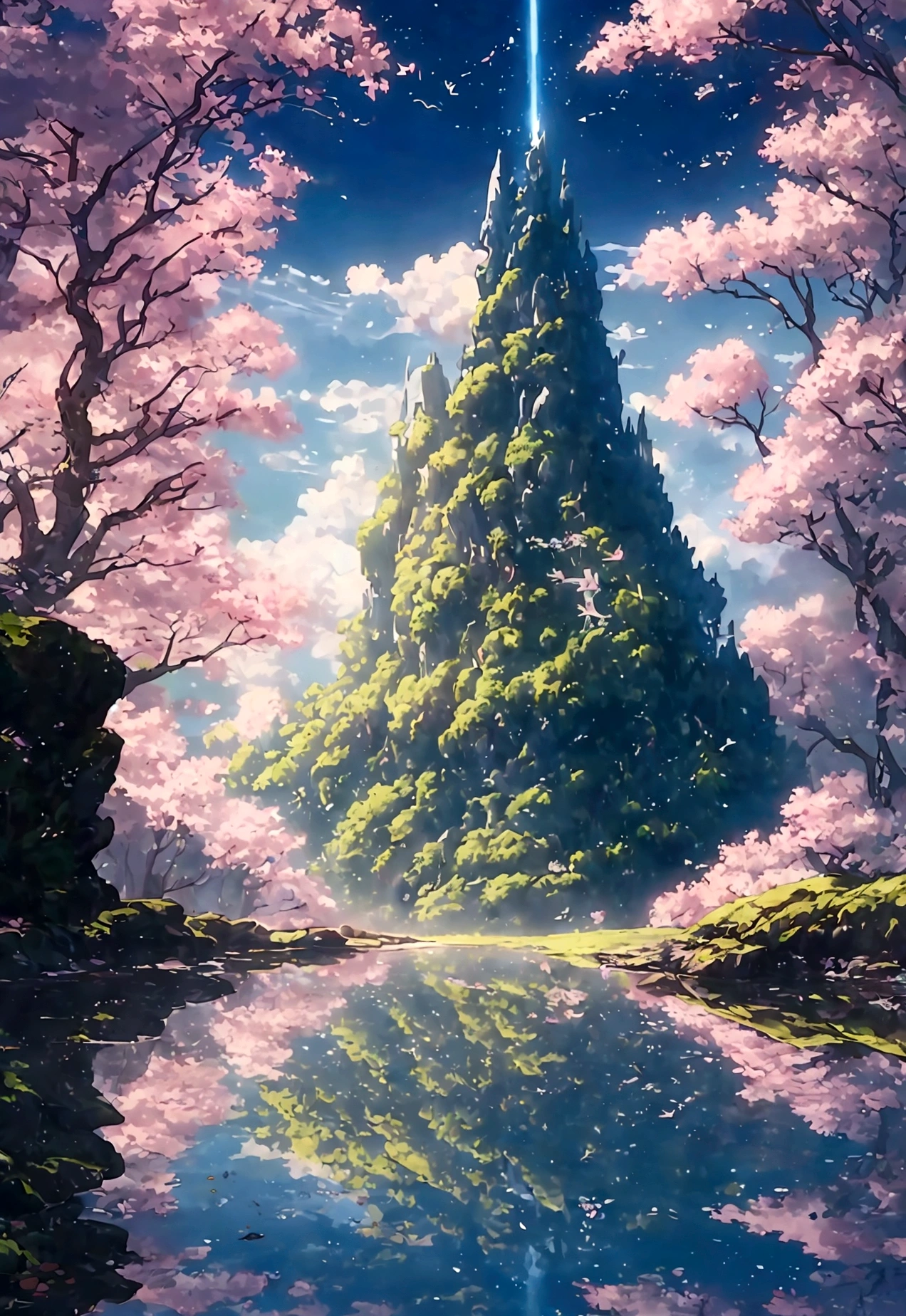 flower園,flower畑,Surreal illustration , Otherworldly, Ultra-aerial scene featuring the entire body of a giant crystal tree,Highly detailed and magical lighting, Intricate forest details, Surrounding vegetation and river, Solarpunk ,landscape, Giant Tree, Beautiful foliage with beautiful lighting and realistic proportions, Like a movie background, 8k, highest quality, masterpiece, 空のcloudと星.baptism,Baptism,Garden of Eden,Colorful,夢のようなlandscape, cloud, light piercing through the cloud, Reflection on the surface of the water, Gentle waterfall,flower々, flower ,Quiet atmosphere, Richness in details, Surreal beauty, Magical Aura, ファンタジーlandscape, High quality digital art, Vibrant colors, Fantastic lighting, Enchanting atmosphere, Artistic Expression, Otherworldly feeling, Beautiful brushwork, Magnificent View, Peaceful tranquility, Immersive Experience, Breathtaking views, Picturesque views, Mysterious charm, Mysterious atmosphere, Nuances, A magical dream. There are no people, Nobody is here
