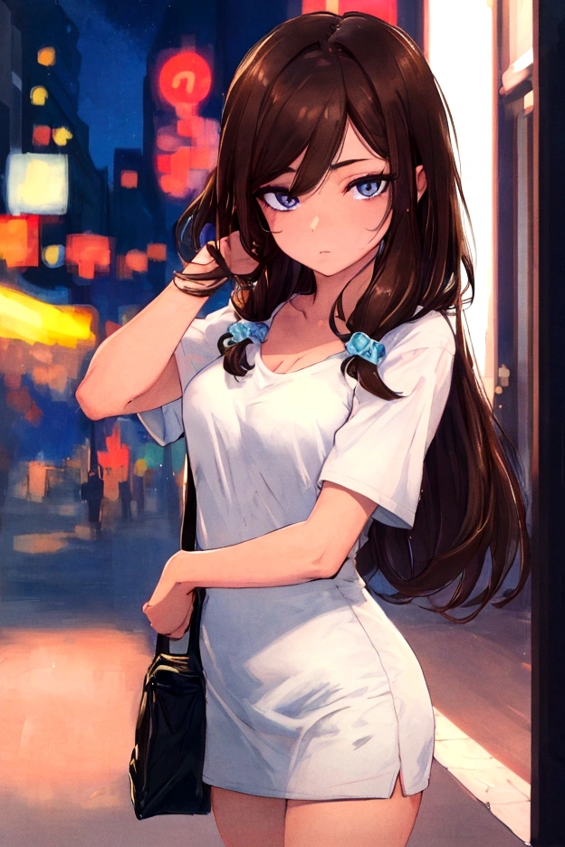 (Best quality, High resolution, Masterpiece :1.3), A pretty woman, Slender figure, Dark brown hair, T-shirt, (Street in city at night), Highly detailed face and skin texture, Detailed eyes, Double eyelid