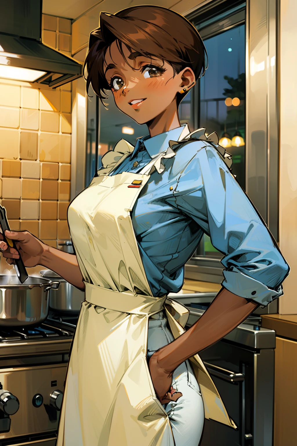 ,(Masterpiece), Best Quality, ultra-detailed, MIZUKITO, TAN, EARRINGS, head scarf, white y shirts(buttons), white apron, white pants , , slender and sexy body, 1girl, solo,head tilt, smile, parted lips,night time, school, in the a restaurant kitchen , standing, cooking, back-view 