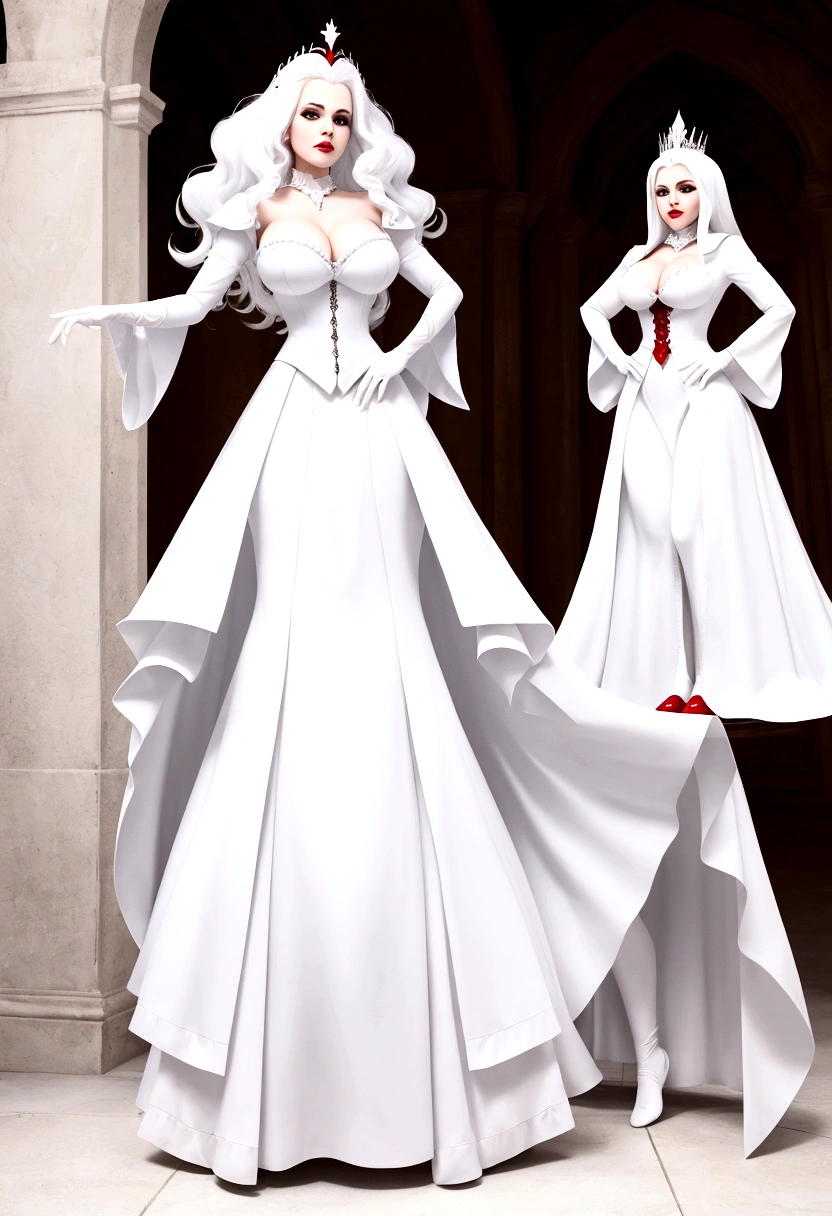 (((full body photo))) Beautiful evil queen in a white mask, white mask, white stockings, long white gloves, red coat, full body, conservatively dressed, no shoes, profane, beautiful big breasts, white hair

