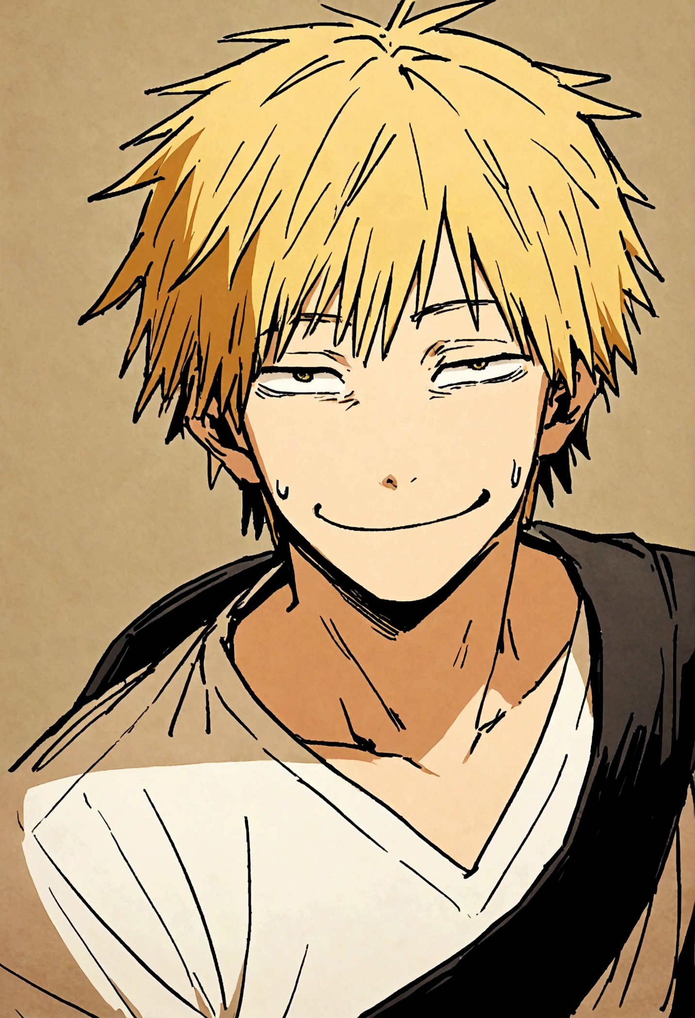 denji from chainsawman, upper body just like in the anime, happy face